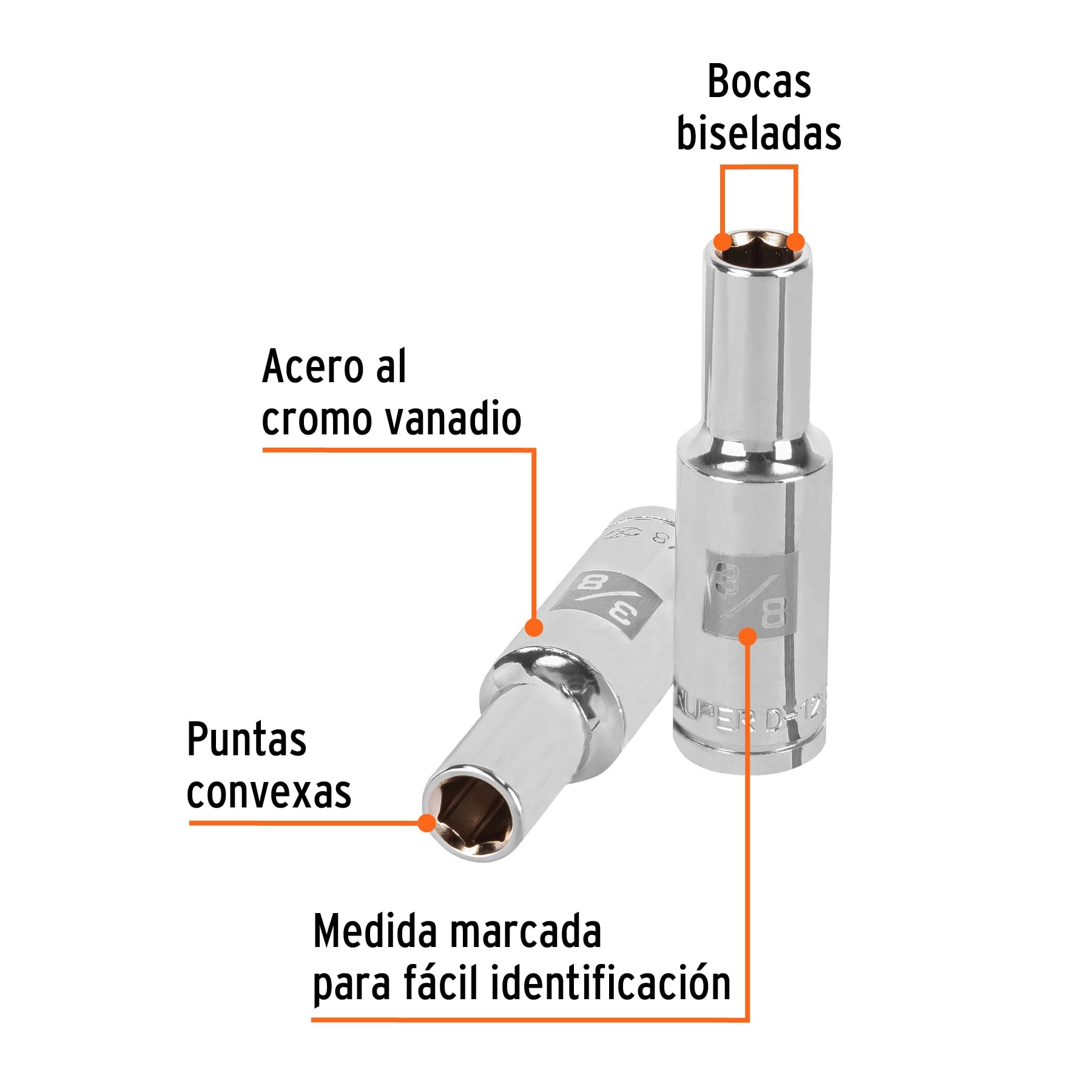 Dado largo de 3/8", 6 puntas, cuadro 1/2", Truper