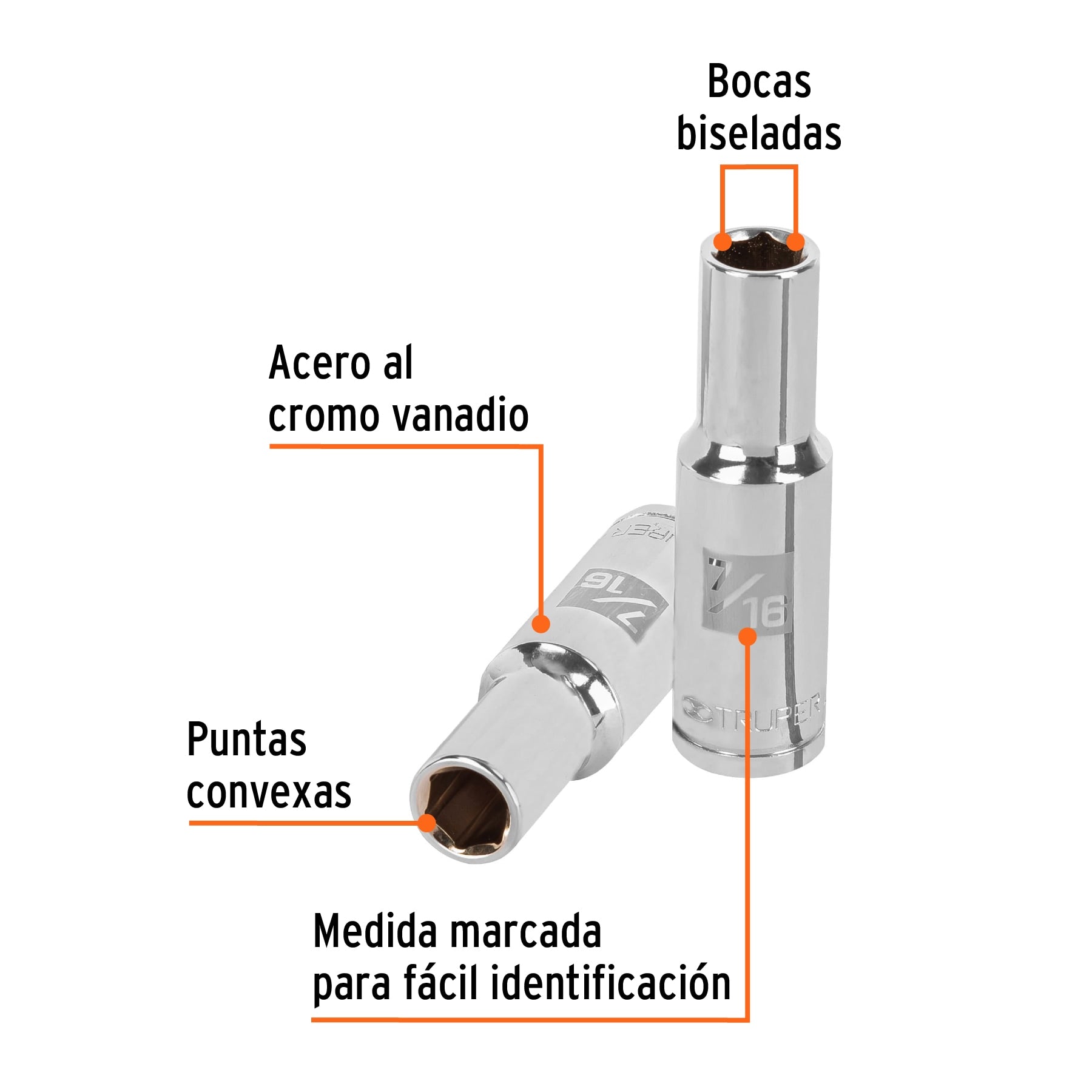 Dado largo de 7/16", 6 puntas, cuadro 1/2", Truper