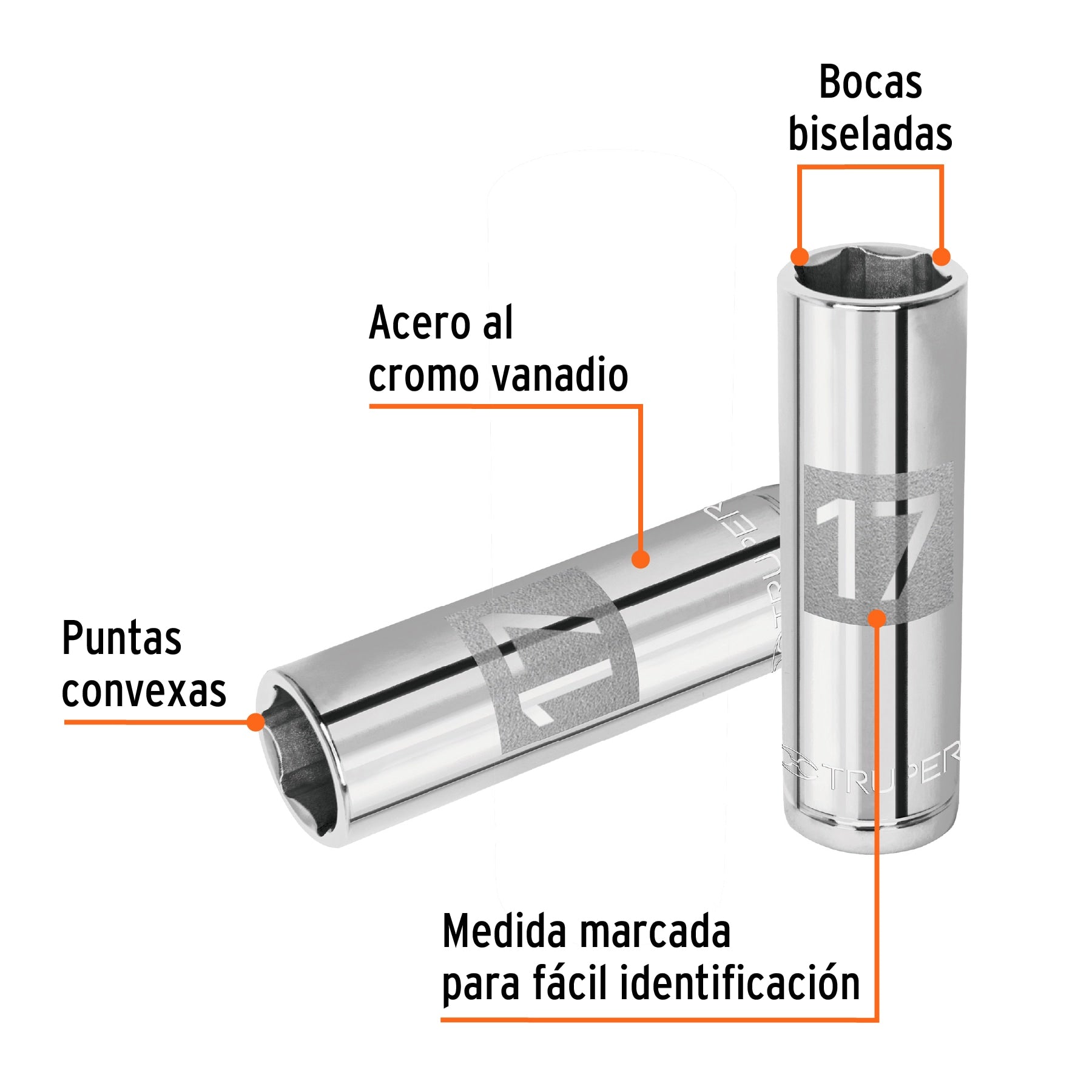 Dado largo de 17 mm, 6 puntas, cuadro 1/2", Truper