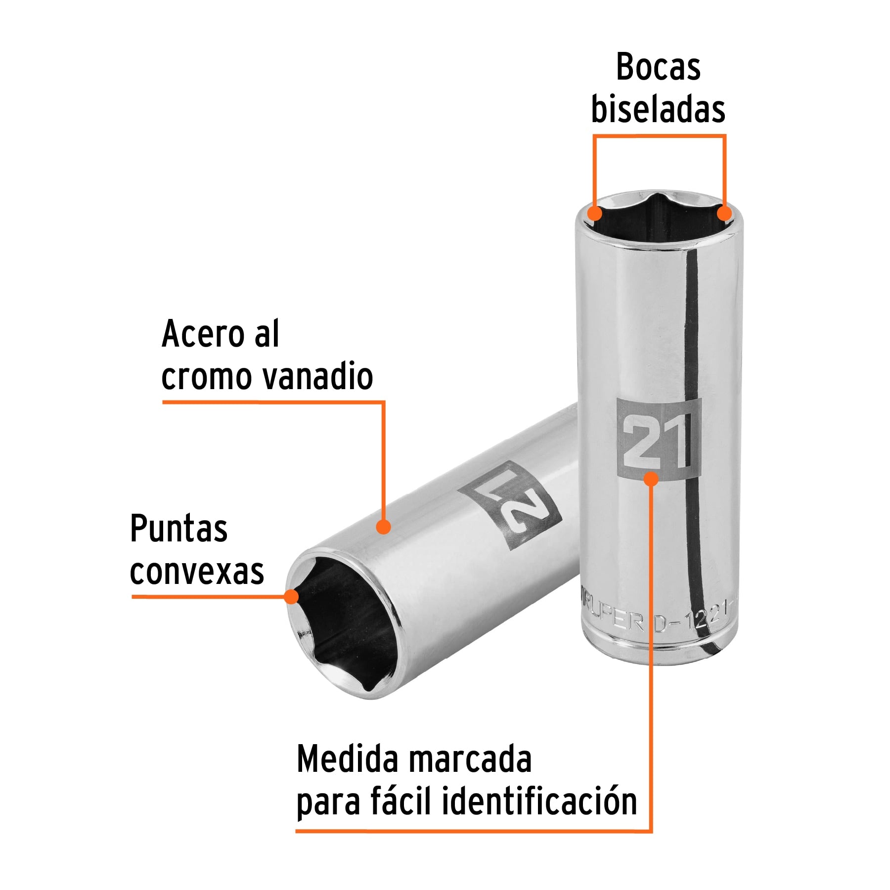 Dado largo de 21 mm, 6 puntas, cuadro 1/2", Truper