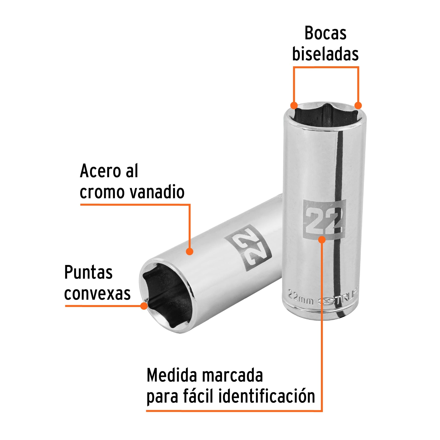 Dado largo de 22 mm, 6 puntas, cuadro 1/2", Truper