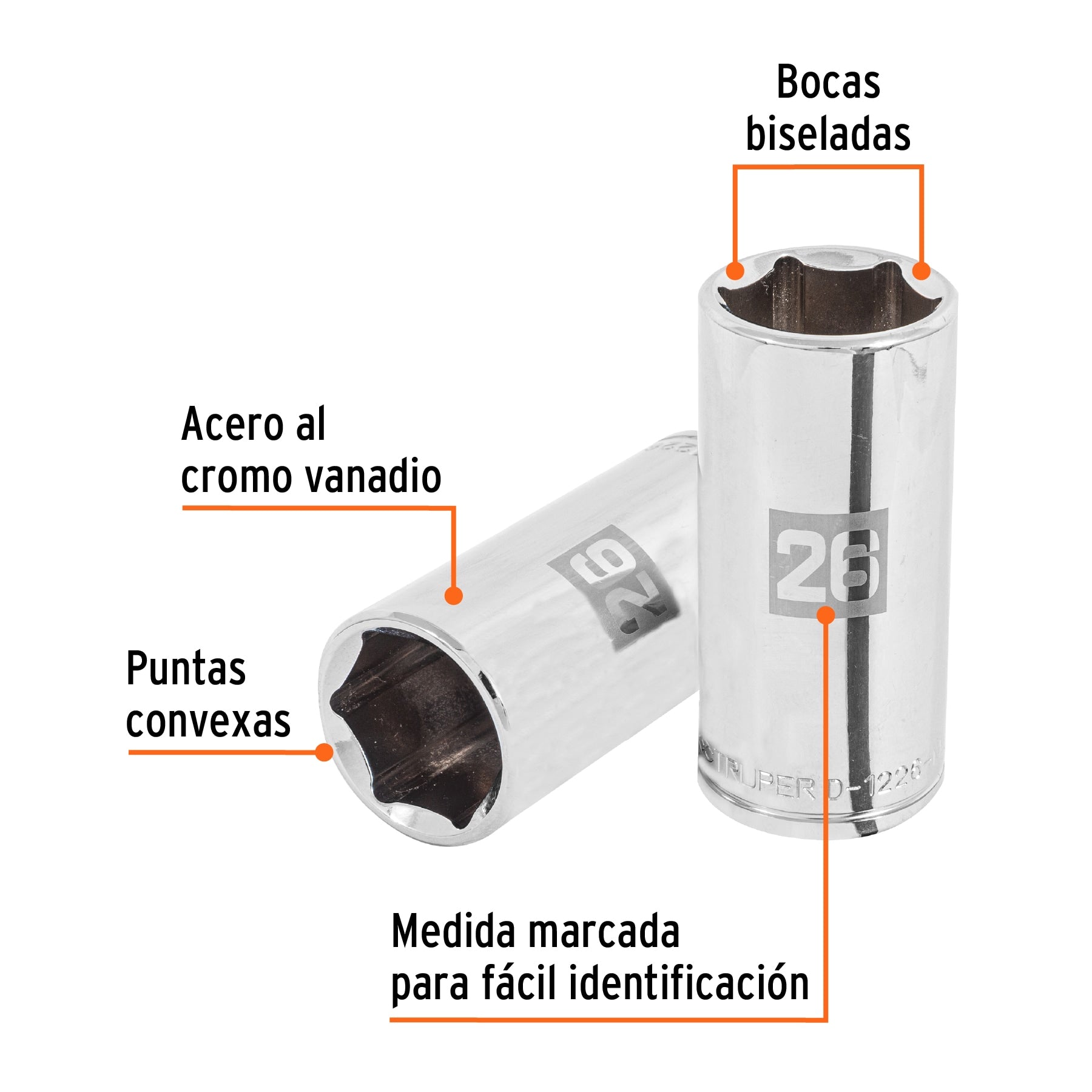 Dado largo de 26 mm, 6 puntas, cuadro 1/2", Truper