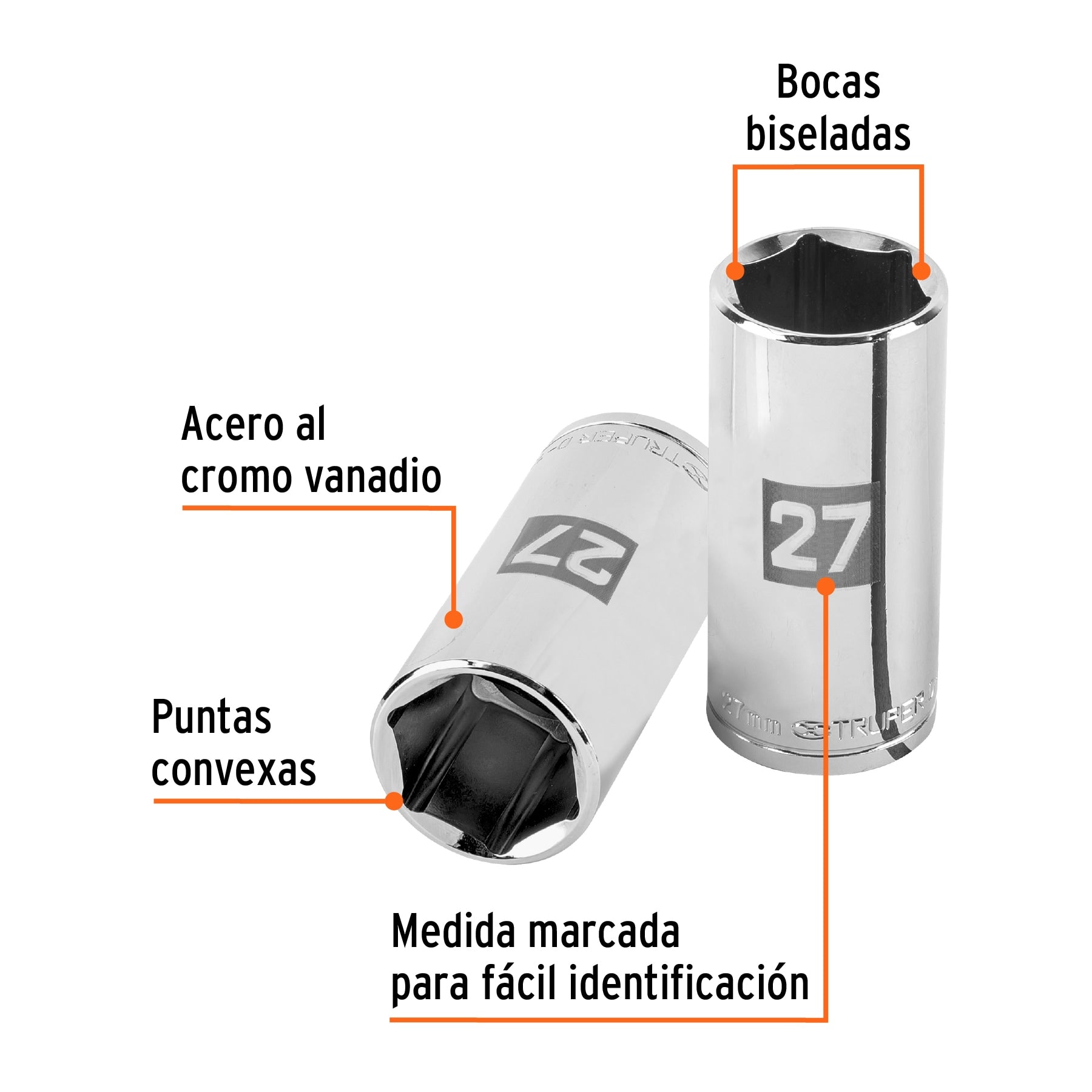 Dado largo de 27 mm, 6 puntas, cuadro 1/2", Truper