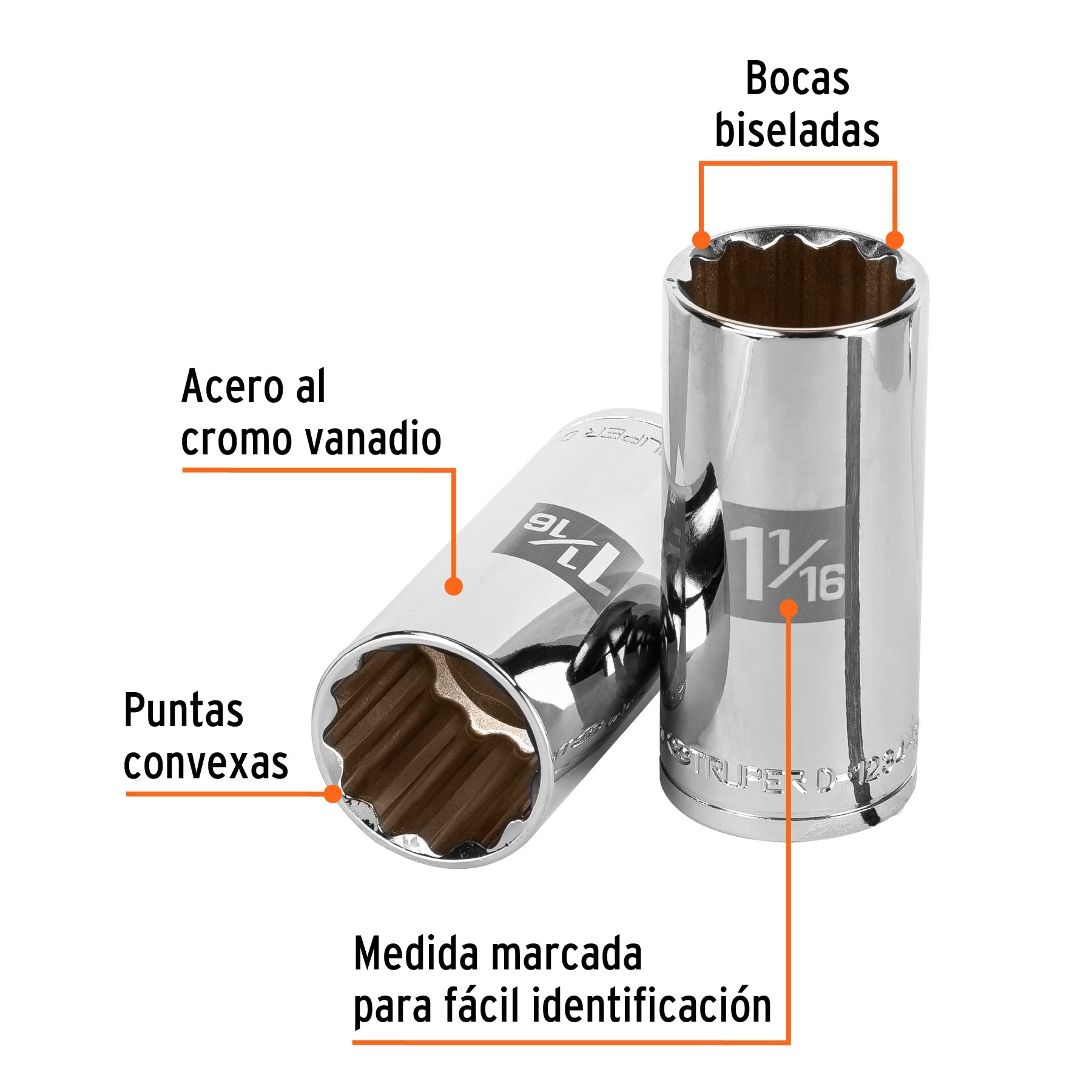 Dado largo de 1-1/16", 12 puntas, cuadro 1/2", Truper
