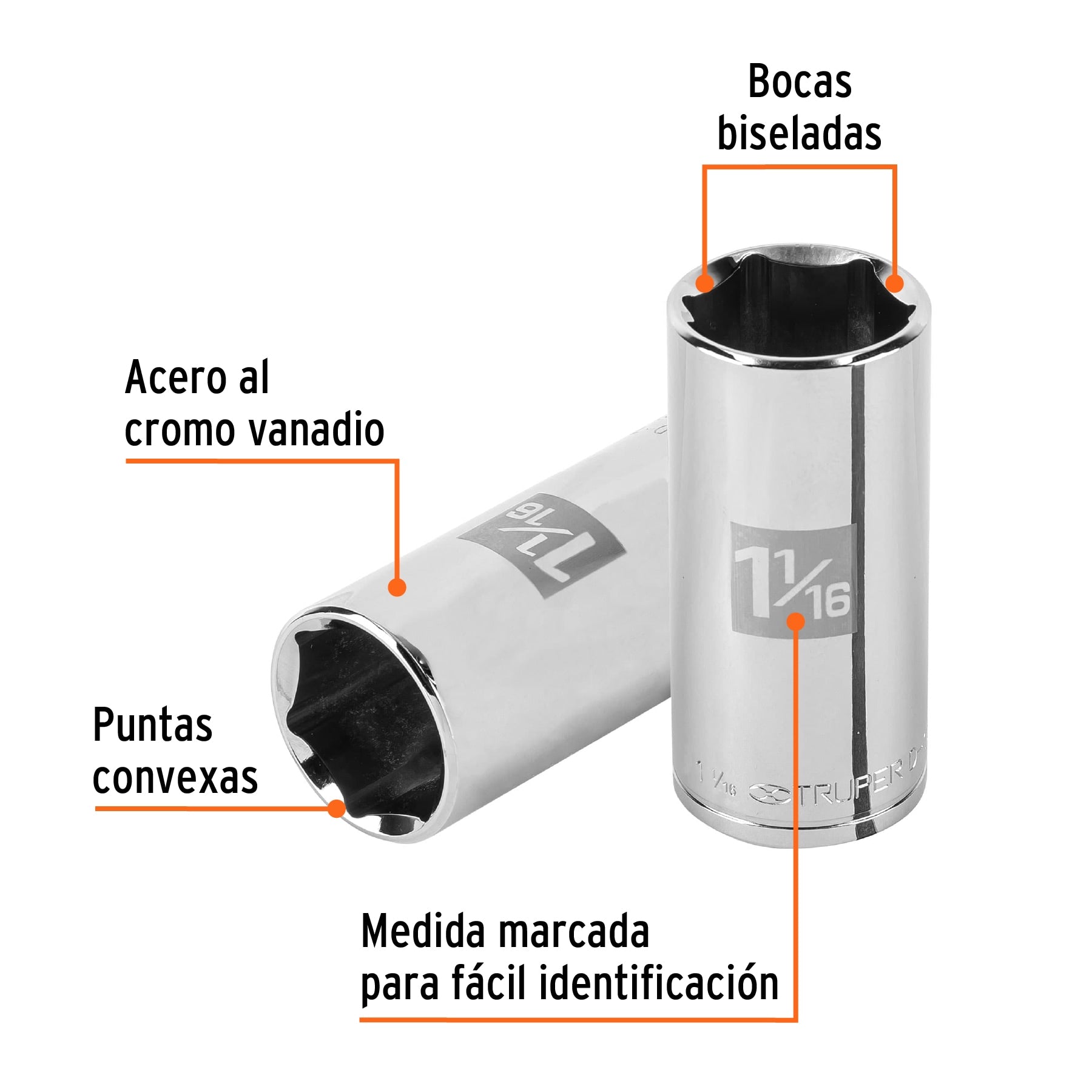 Dado largo de 1-1/16", 6 puntas, cuadro 1/2", Truper