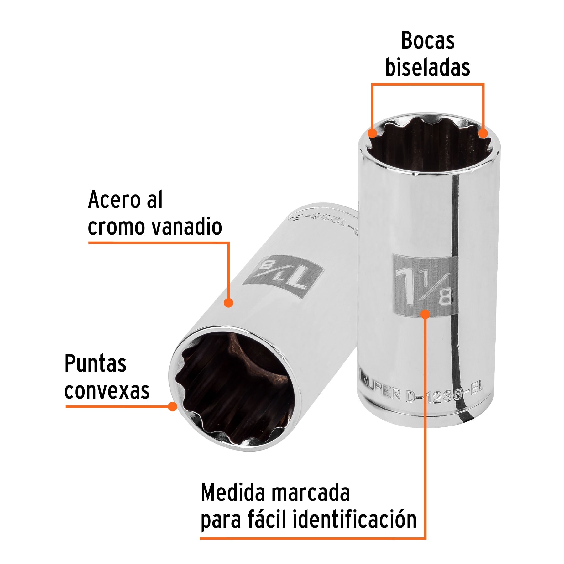 Dado largo de 1-1/8", 12 puntas, cuadro 1/2", Truper