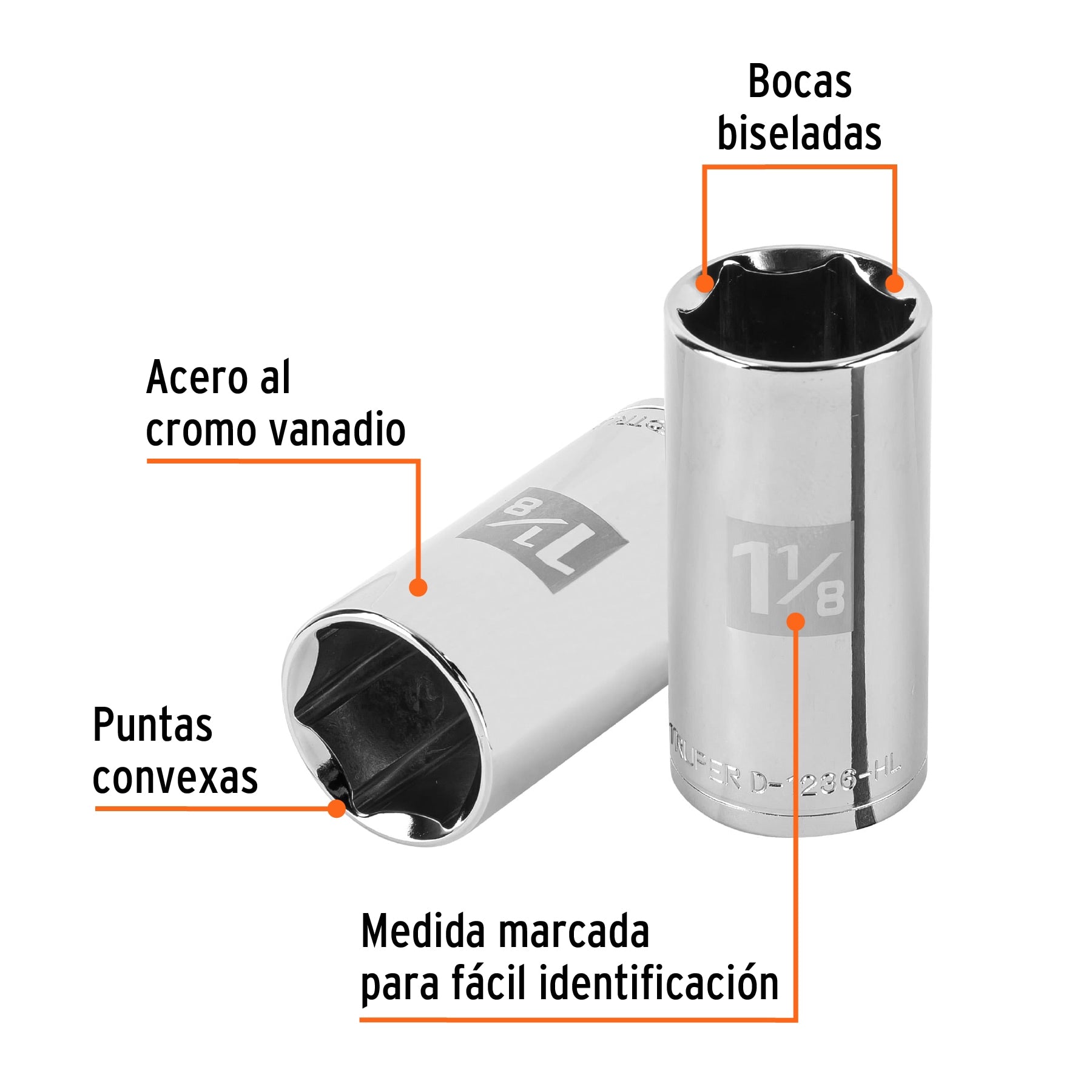Dado largo de 1-1/8", 6 puntas, cuadro 1/2", Truper