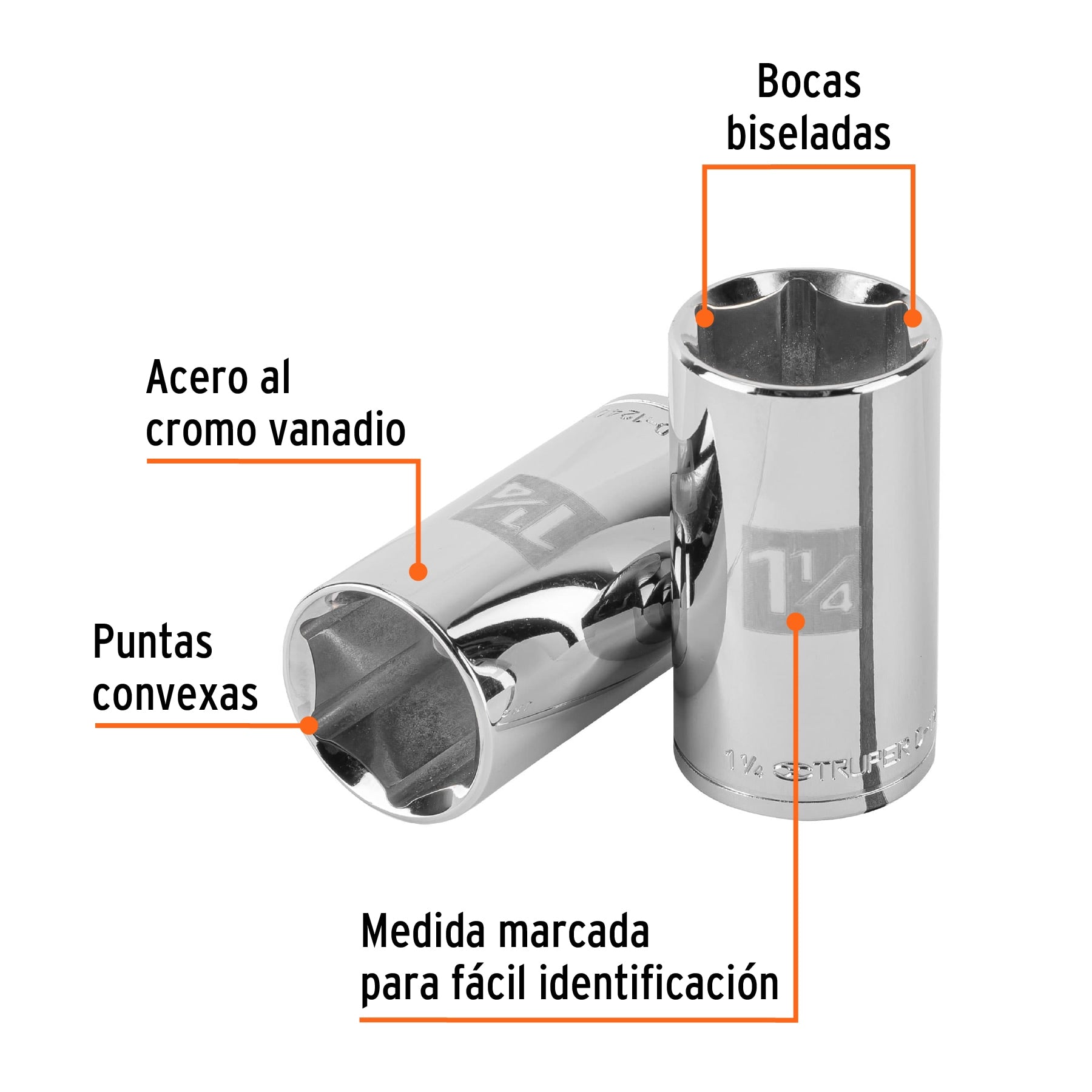 Dado largo de 1-1/4", 6 puntas, cuadro 1/2", Truper