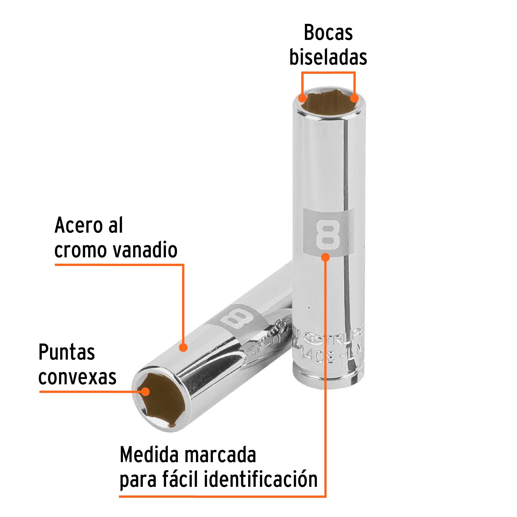 Dado largo de 8 mm, 6 puntas, cuadro 1/4", Truper