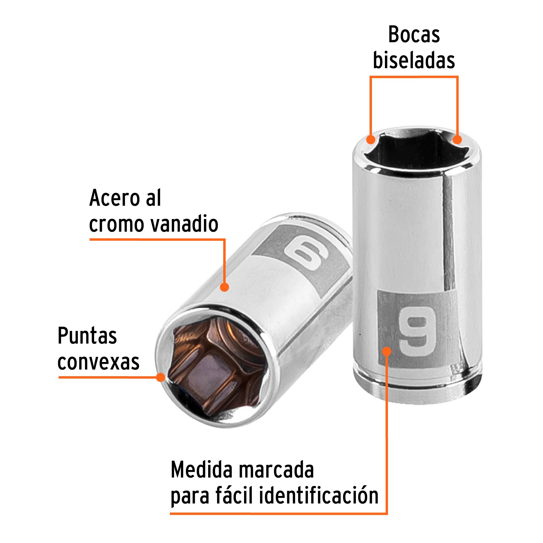 Dado de 9 mm, 6 puntas, cuadro 1/4", Truper