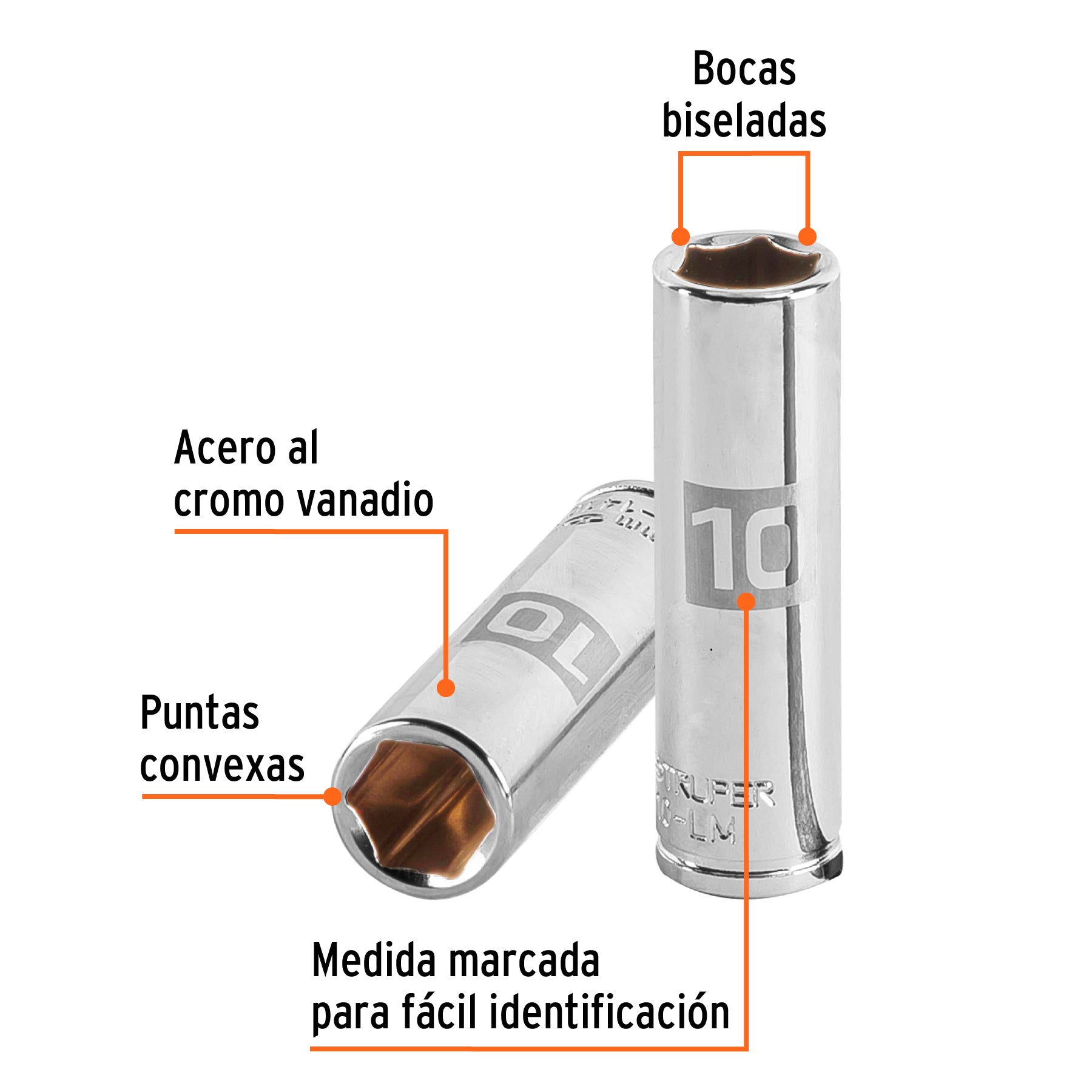 Dado largo de 10 mm, 6 puntas, cuadro 1/4", Truper