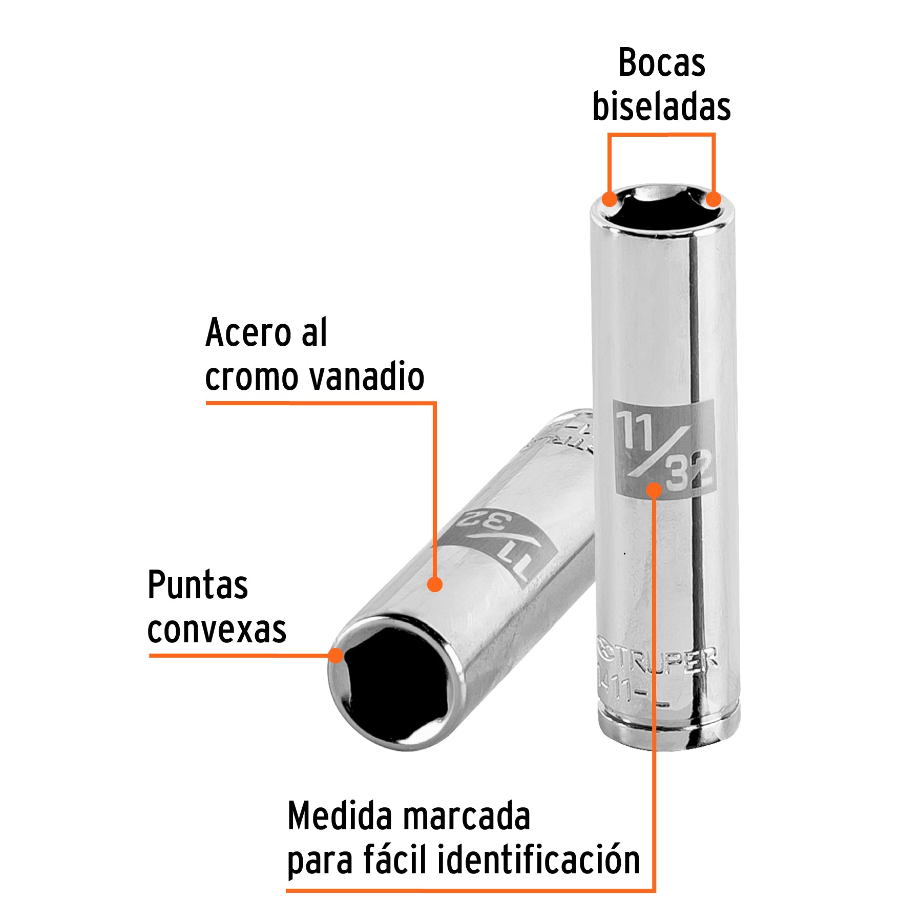 Dado largo de 11/32", 6 puntas, cuadro 1/4", Truper