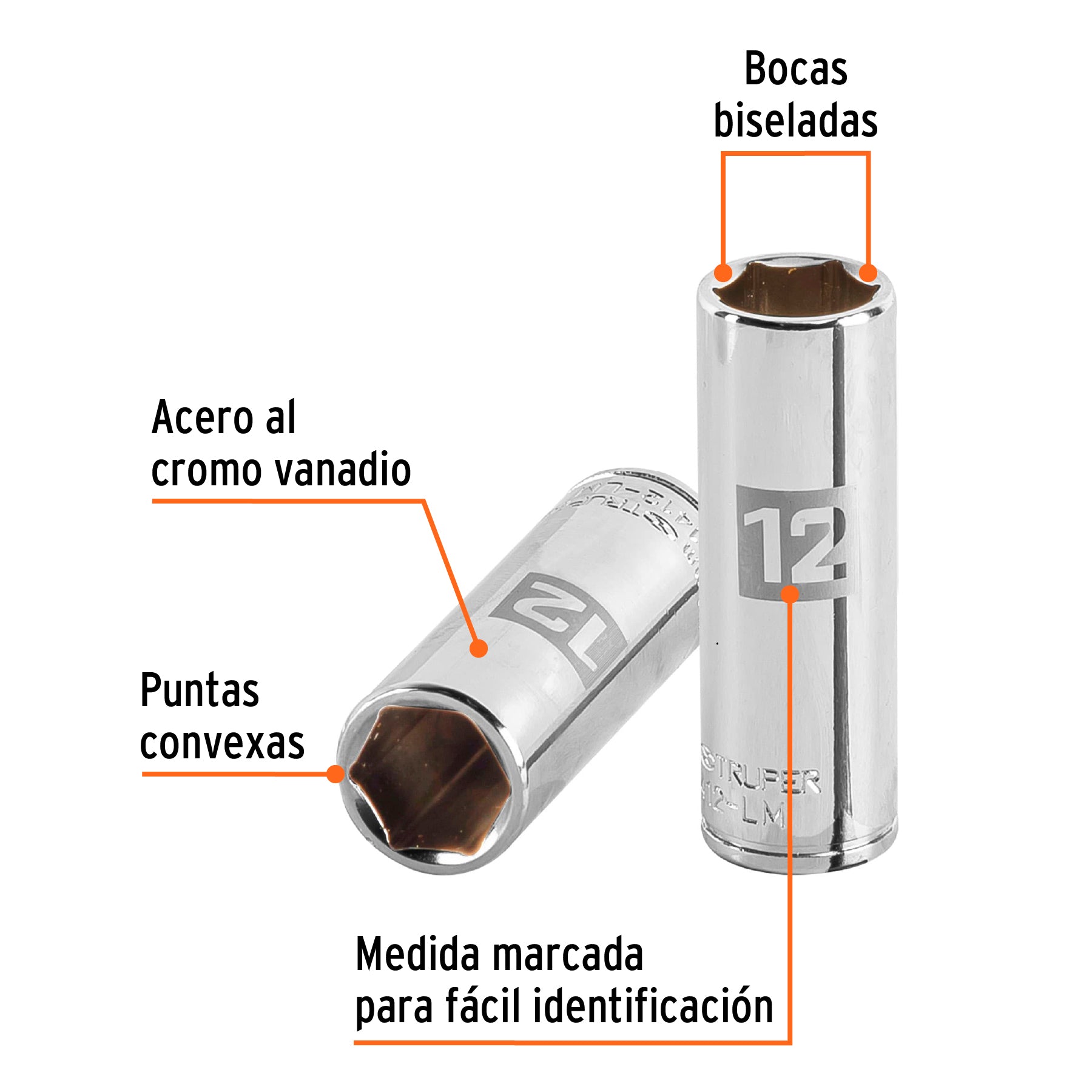 Dado largo de 12 mm, 6 puntas, cuadro 1/4", Truper