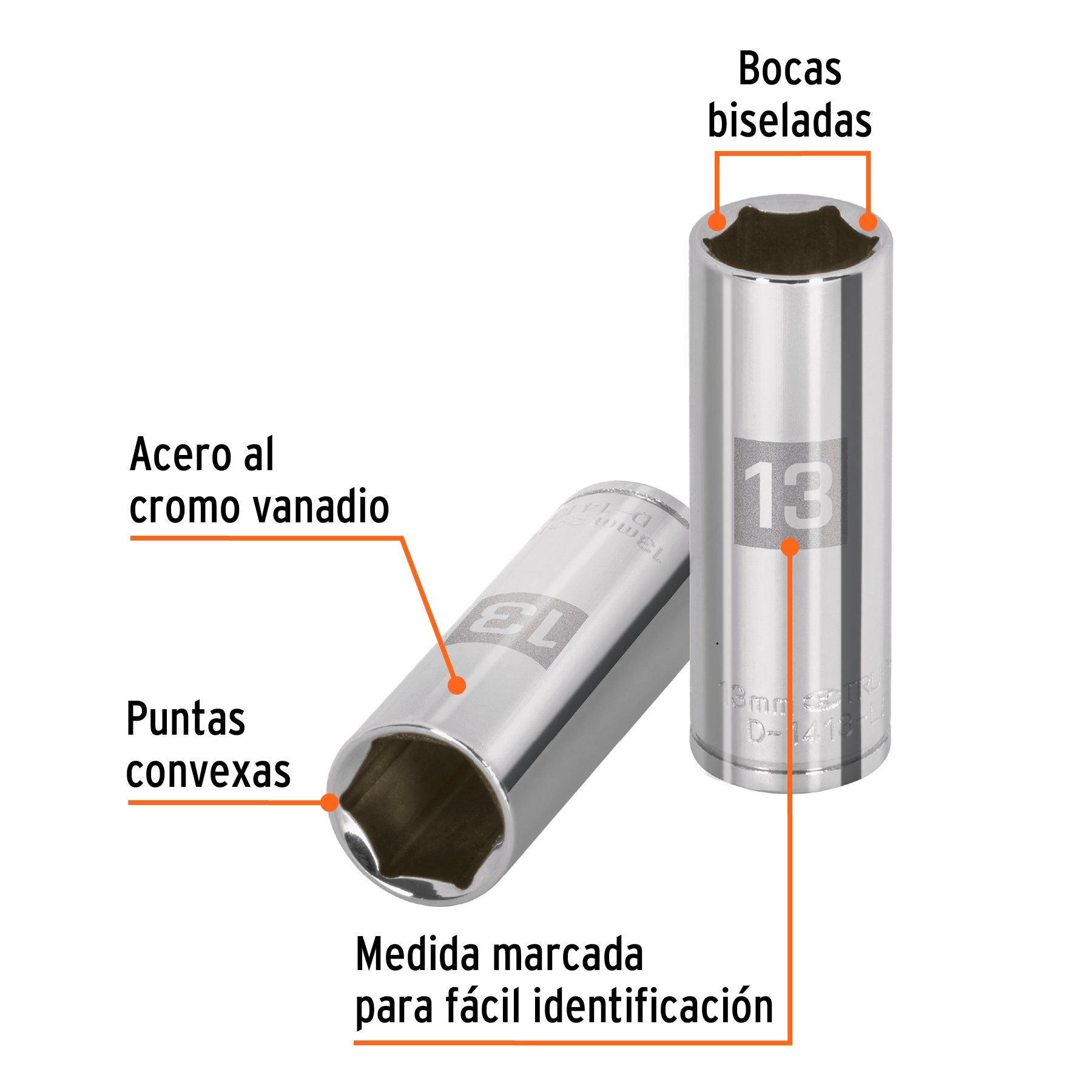 Dado largo de 13 mm, 6 puntas, cuadro 1/4", Truper