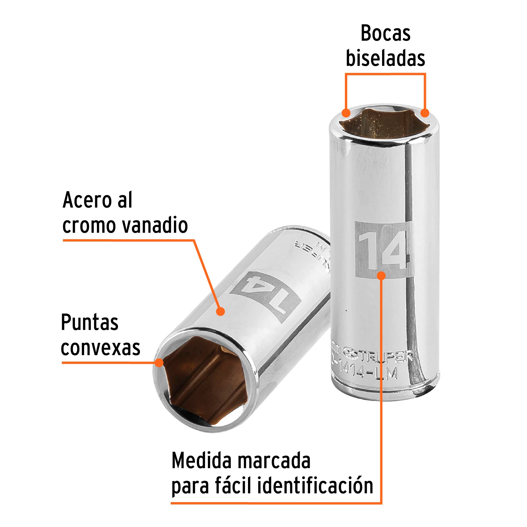 Dado largo de 14 mm, 6 puntas, cuadro 1/4", Truper