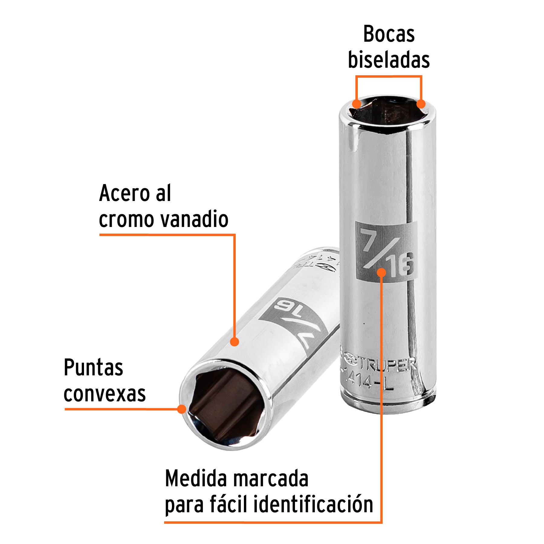 Dado largo de 7/16", 6 puntas, cuadro 1/4", Truper