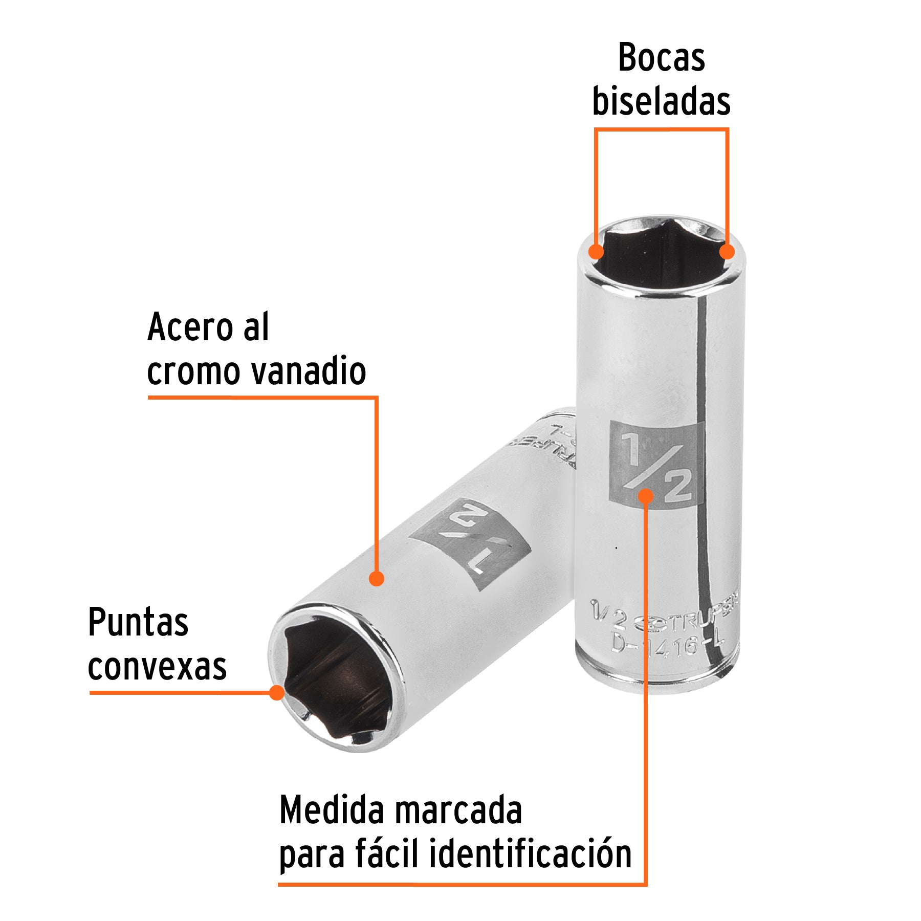 Dado largo de 1/2", 6 puntas, cuadro 1/4", Truper