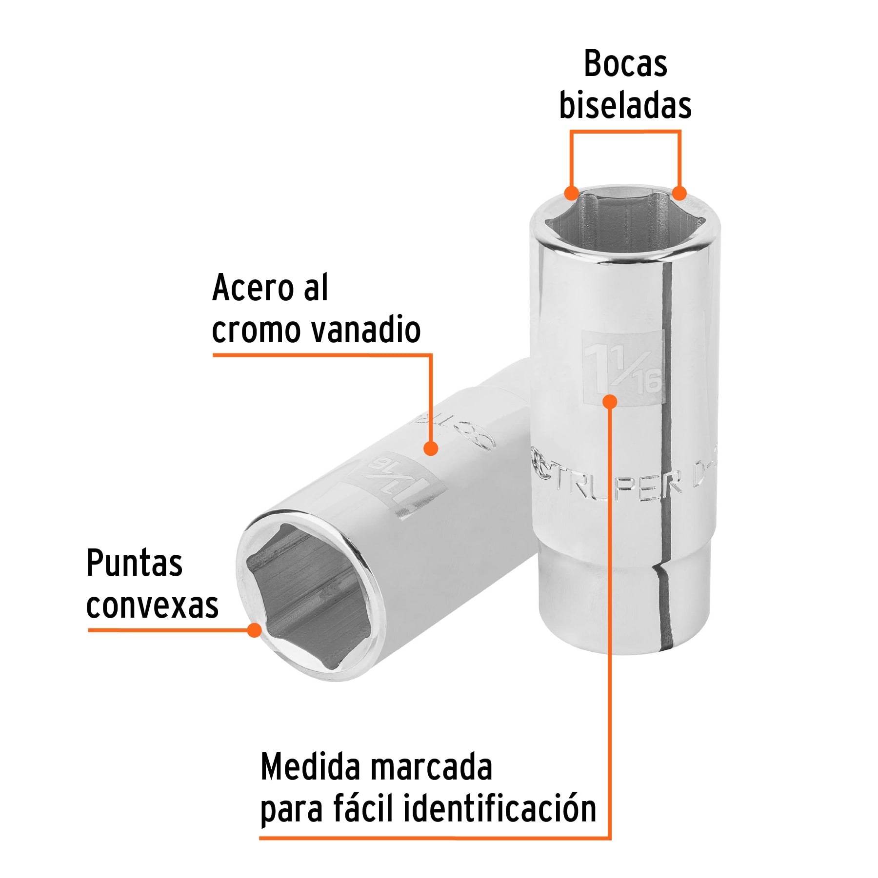 Dado largo de 1-1/16", 6 puntas, cuadro 3/4", Truper