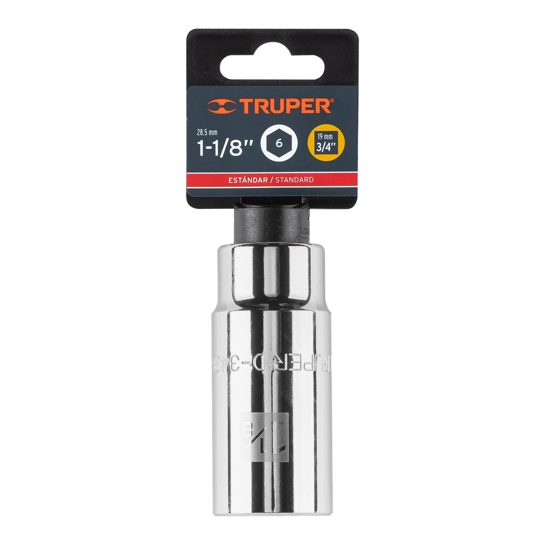 Dado largo de 1-1/8", 6 puntas, cuadro 3/4", Truper