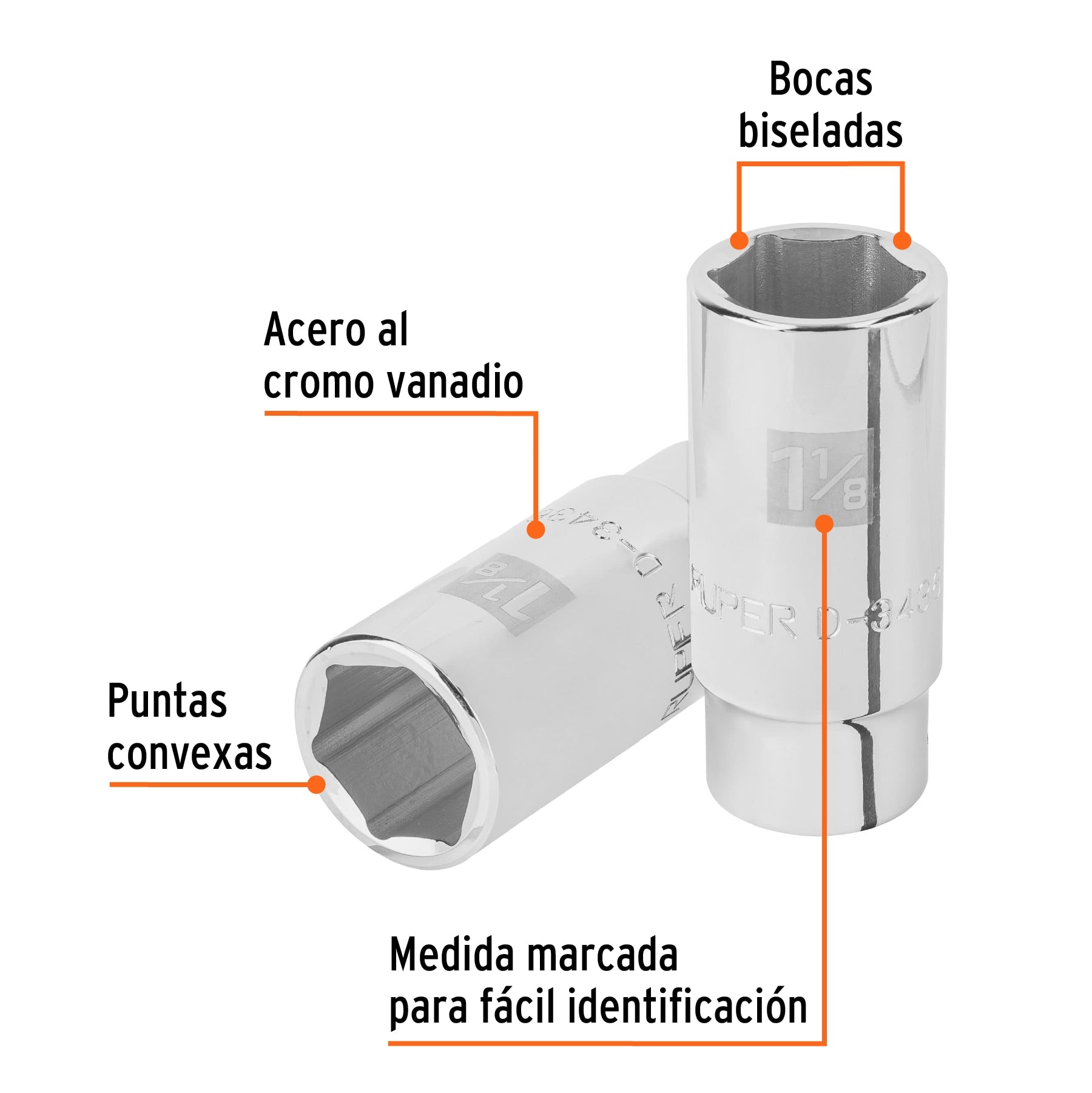 Dado largo de 1-1/8", 6 puntas, cuadro 3/4", Truper