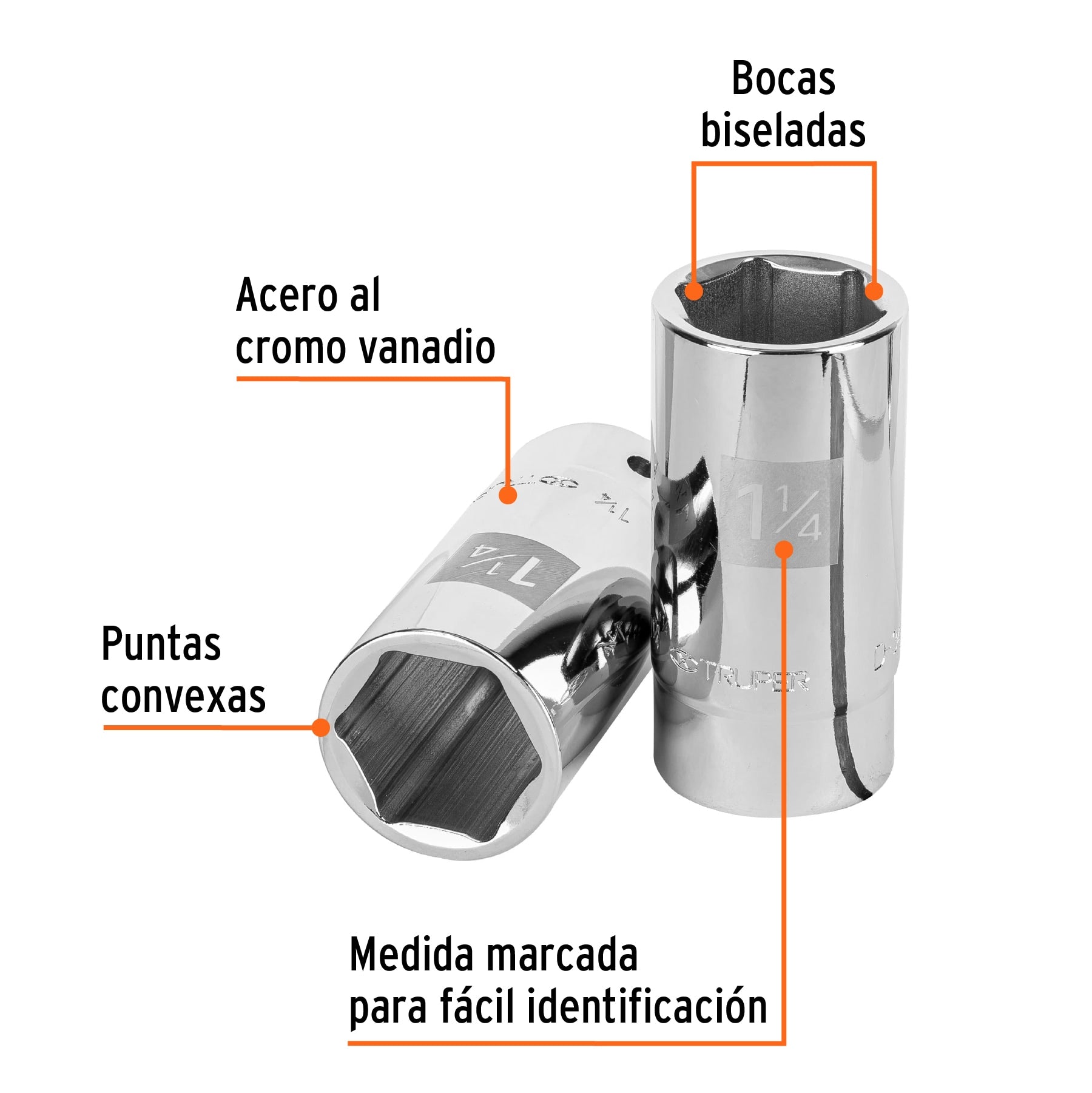 Dado largo de 1-1/4", 6 puntas, cuadro 3/4", Truper