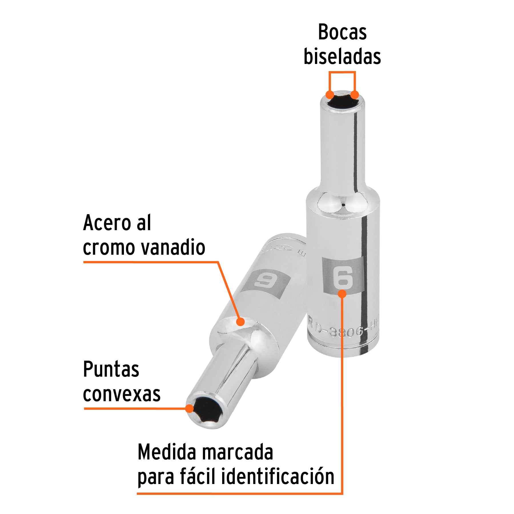 Dado largo de 6 mm, 6 puntas, cuadro 3/8", Truper