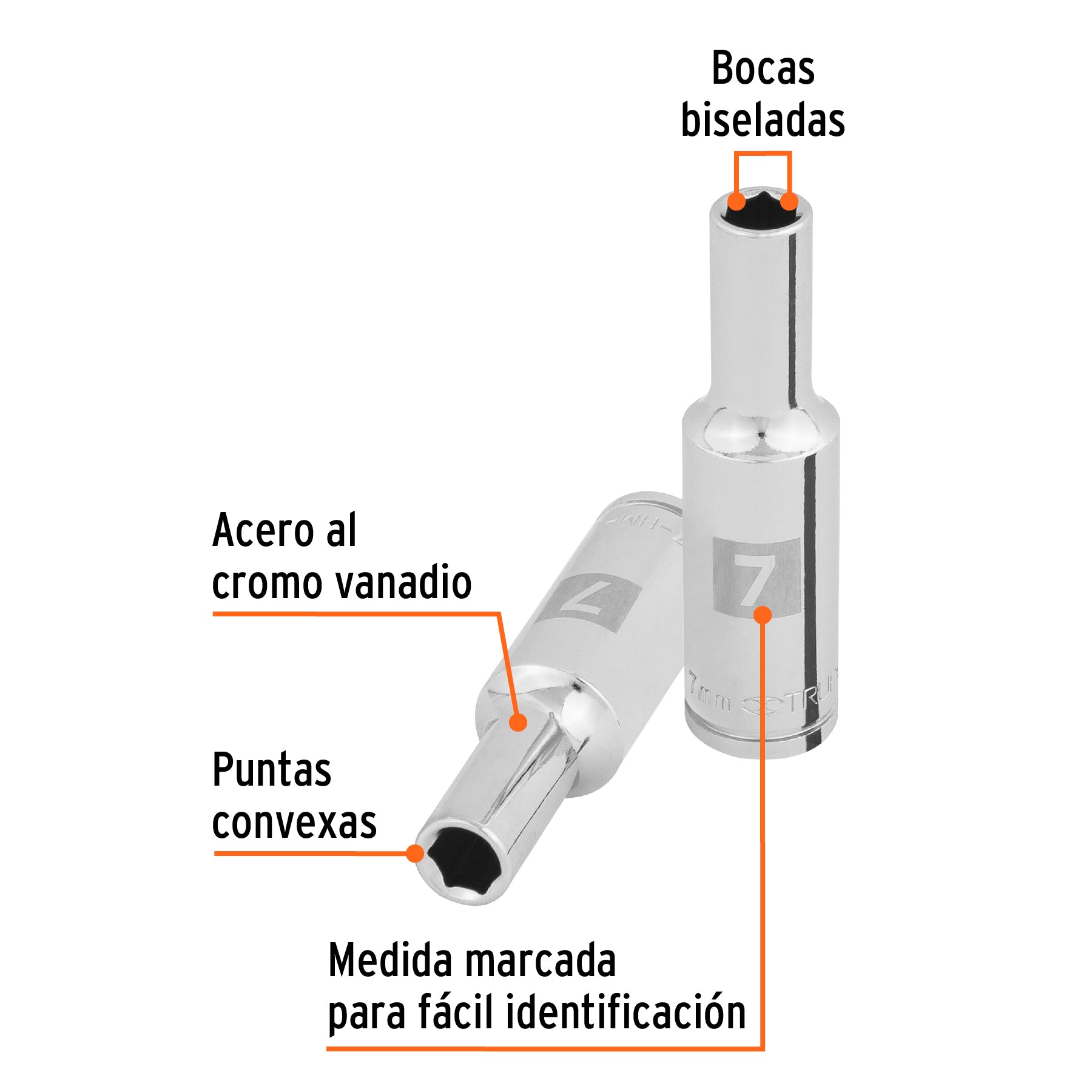 Dado largo de 7 mm, 6 puntas, cuadro 3/8", Truper