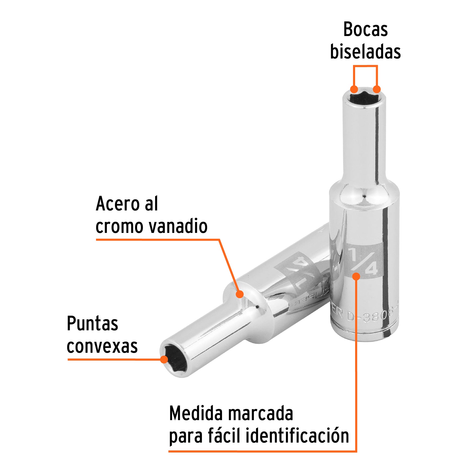Dado largo de 1/4", 6 puntas, cuadro 3/8", Truper
