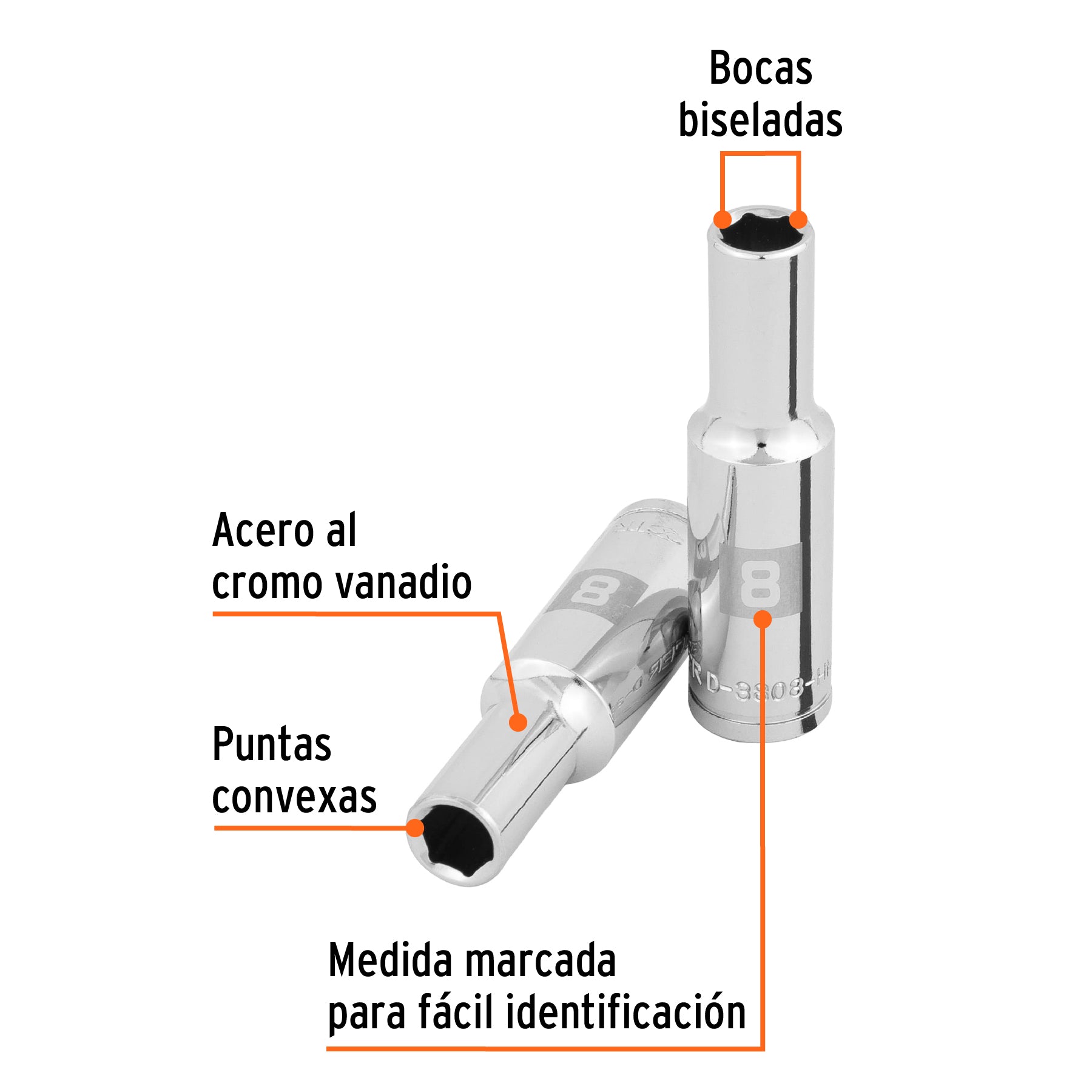 Dado largo de 8 mm, 6 puntas, cuadro 3/8", Truper