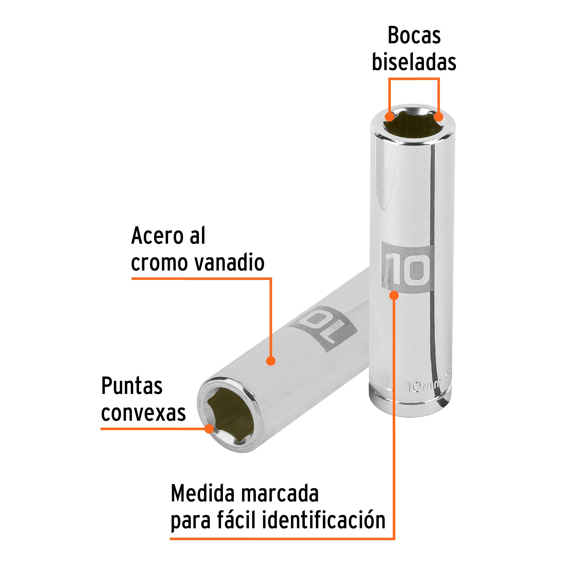 Dado largo de 10 mm, 6 puntas, cuadro 3/8", Truper