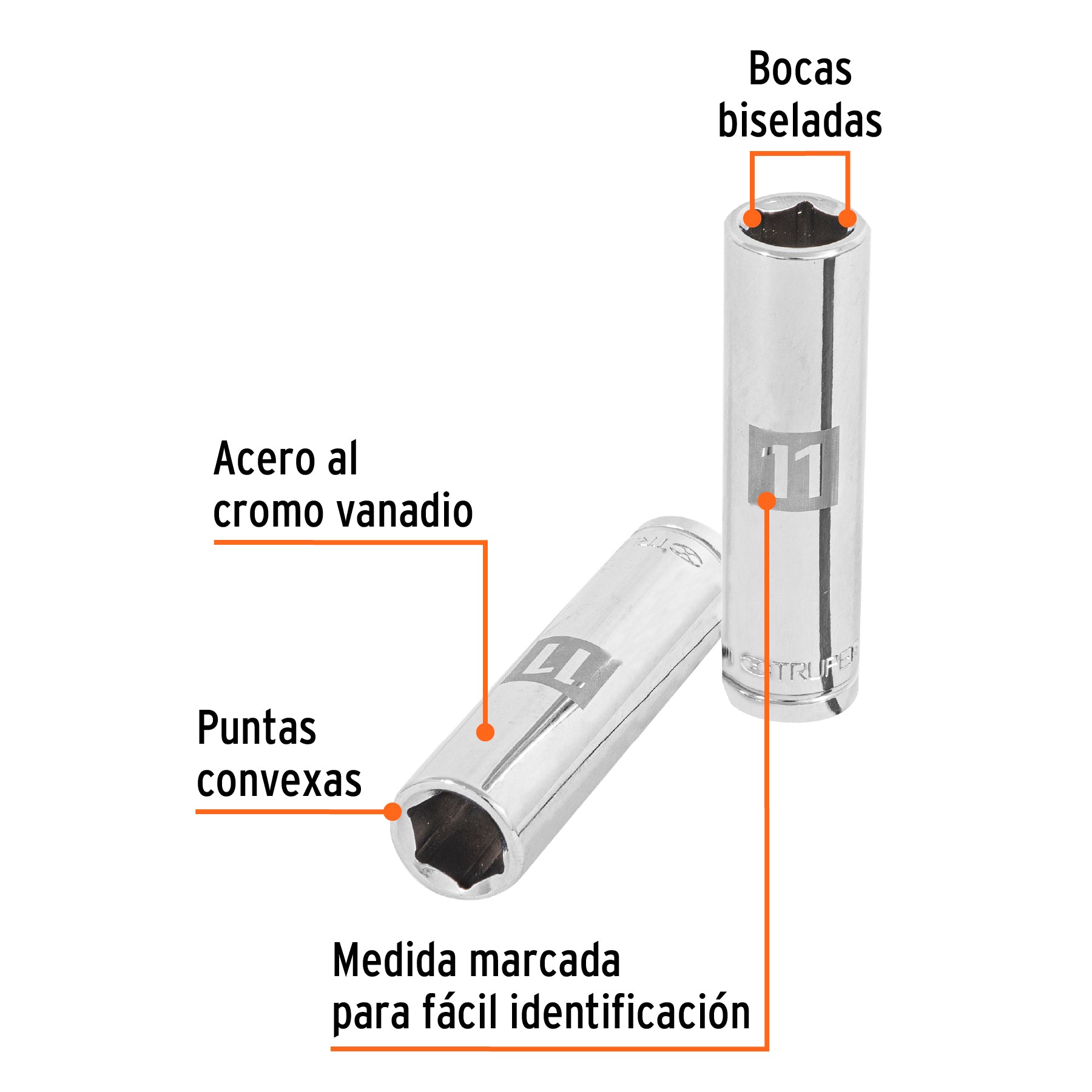 Dado largo de 11 mm, 6 puntas, cuadro 3/8", Truper