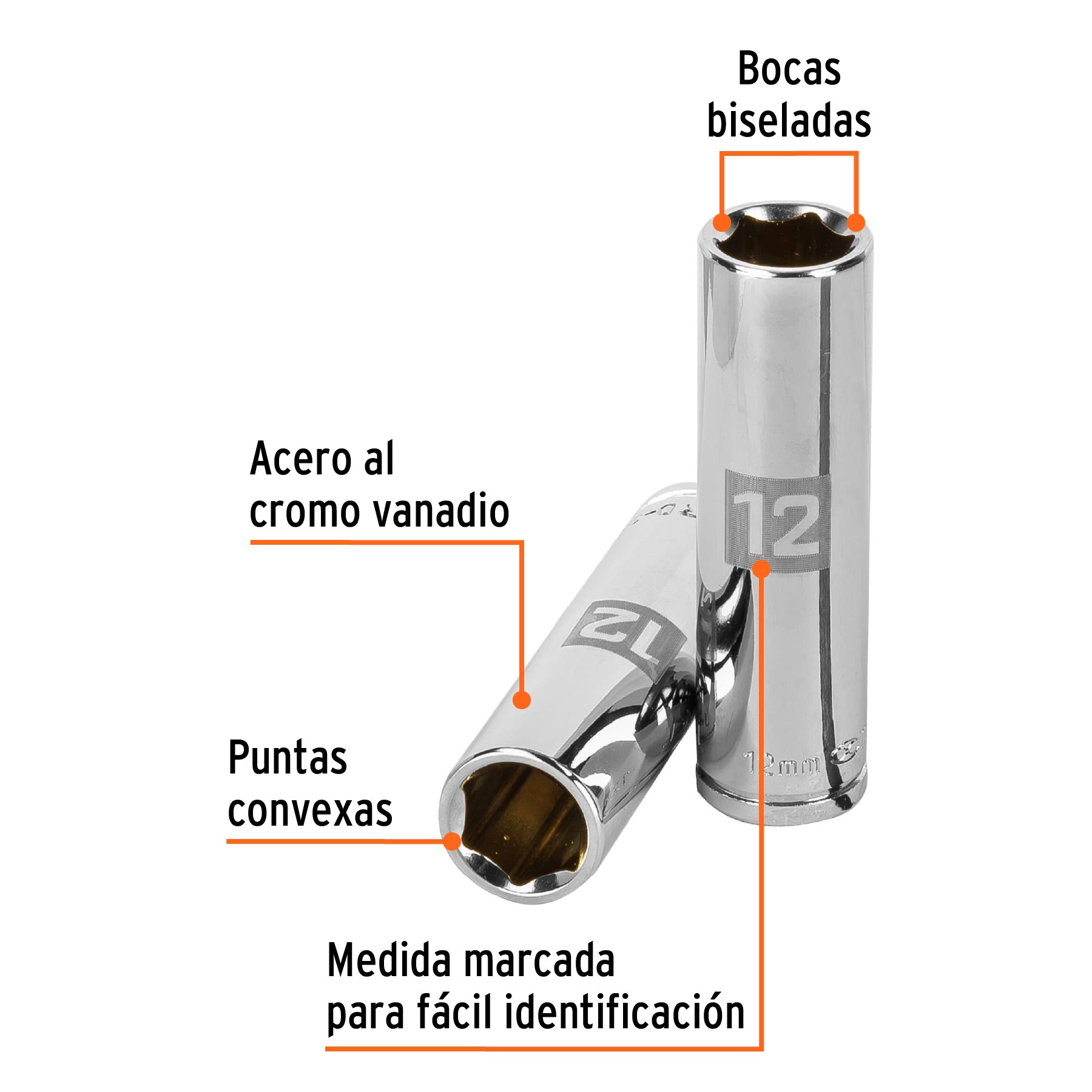 Dado largo de 12 mm, 6 puntas, cuadro 3/8", Truper