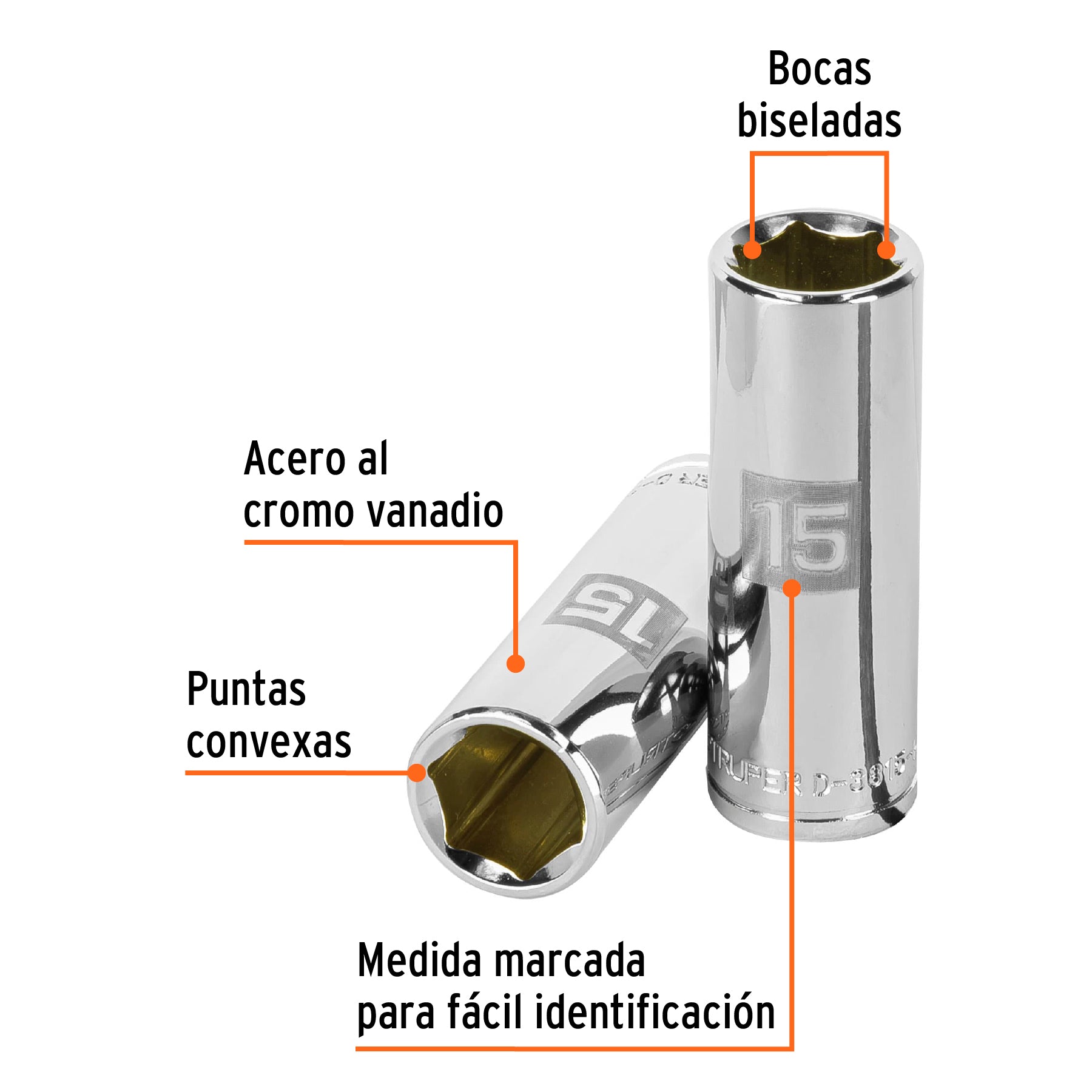 Dado largo de 15 mm, 6 puntas, cuadro 3/8", Truper