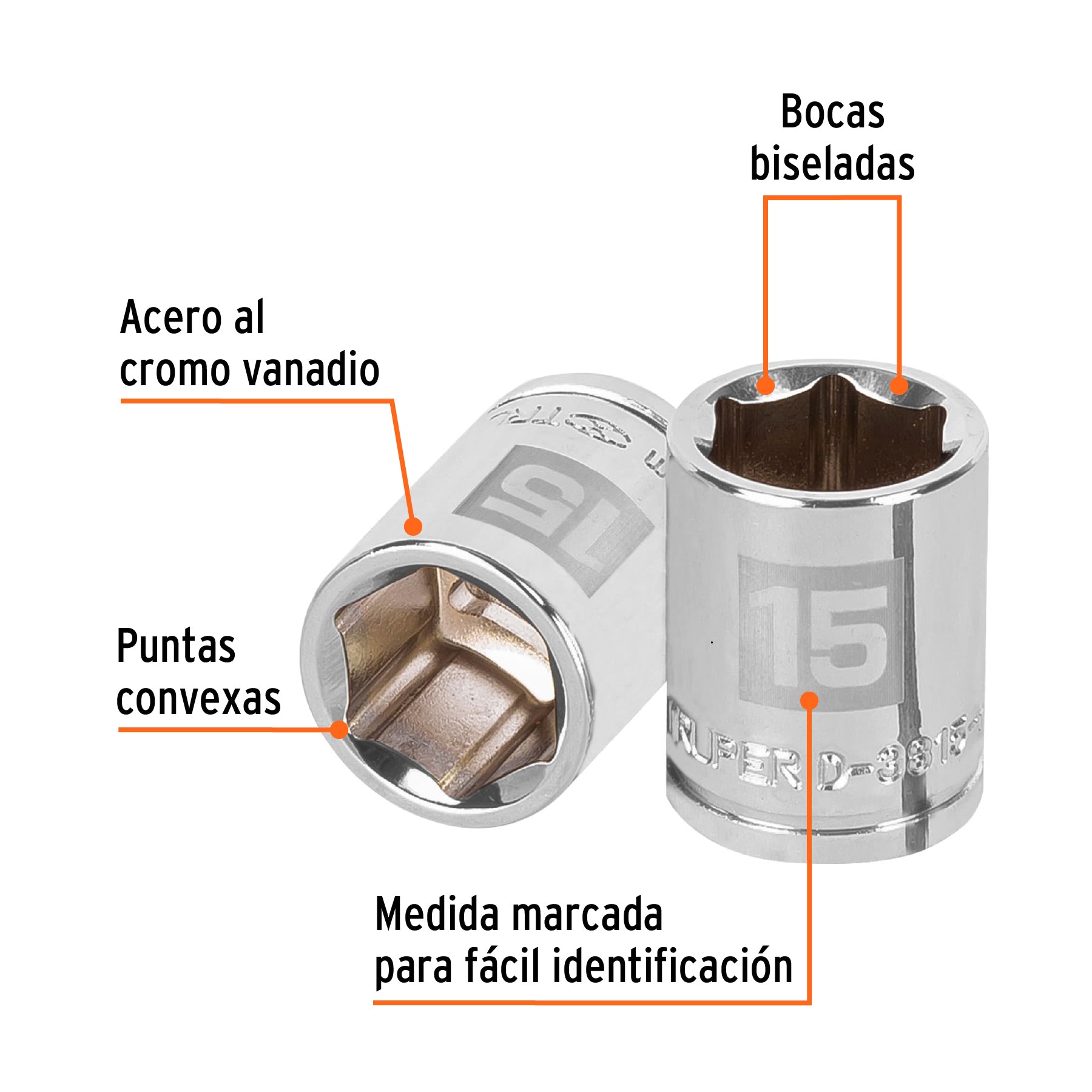 Dado de 15 mm, 6 puntas, cuadro 3/8", Truper