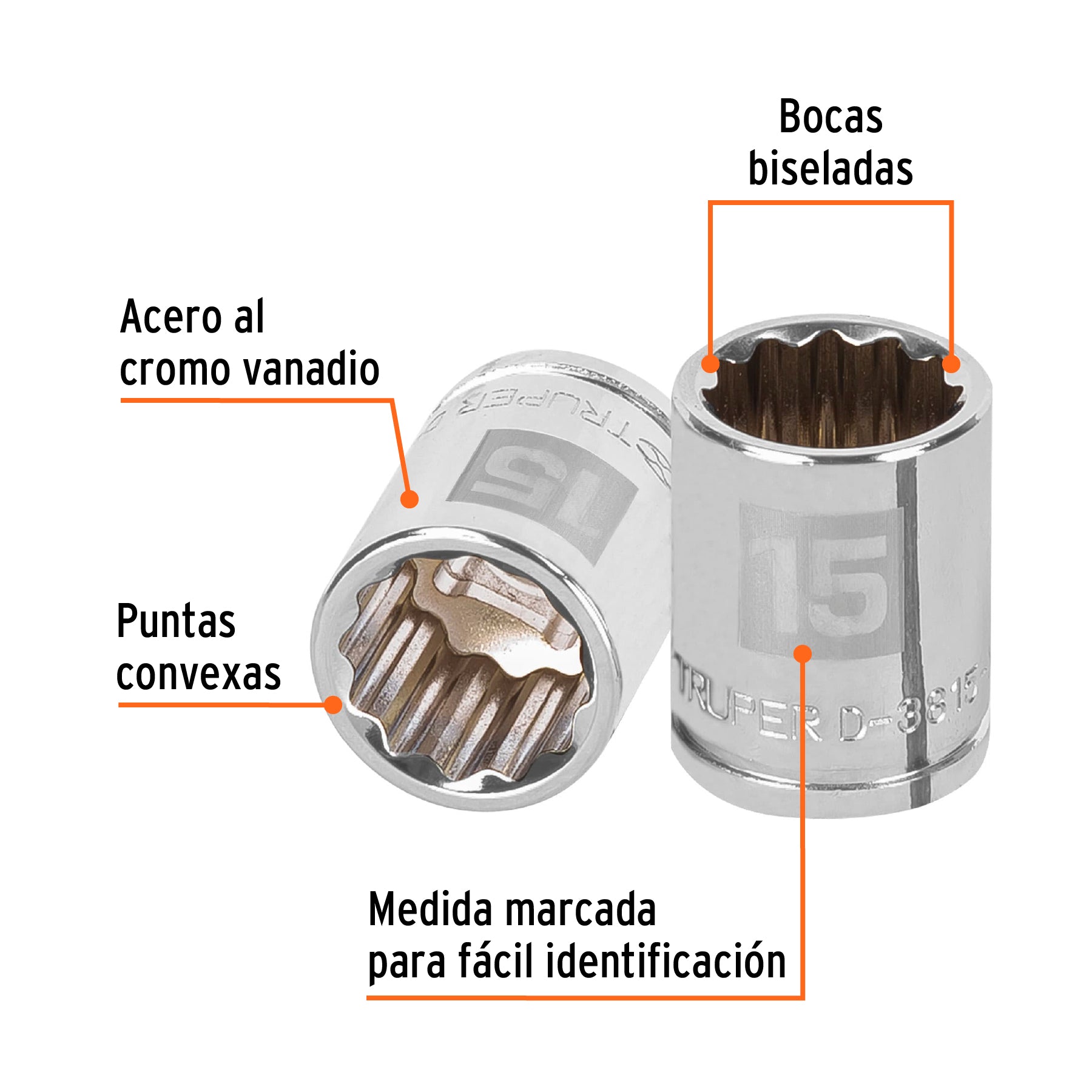 Dado de 15 mm, 12 puntas, cuadro 3/8", Truper