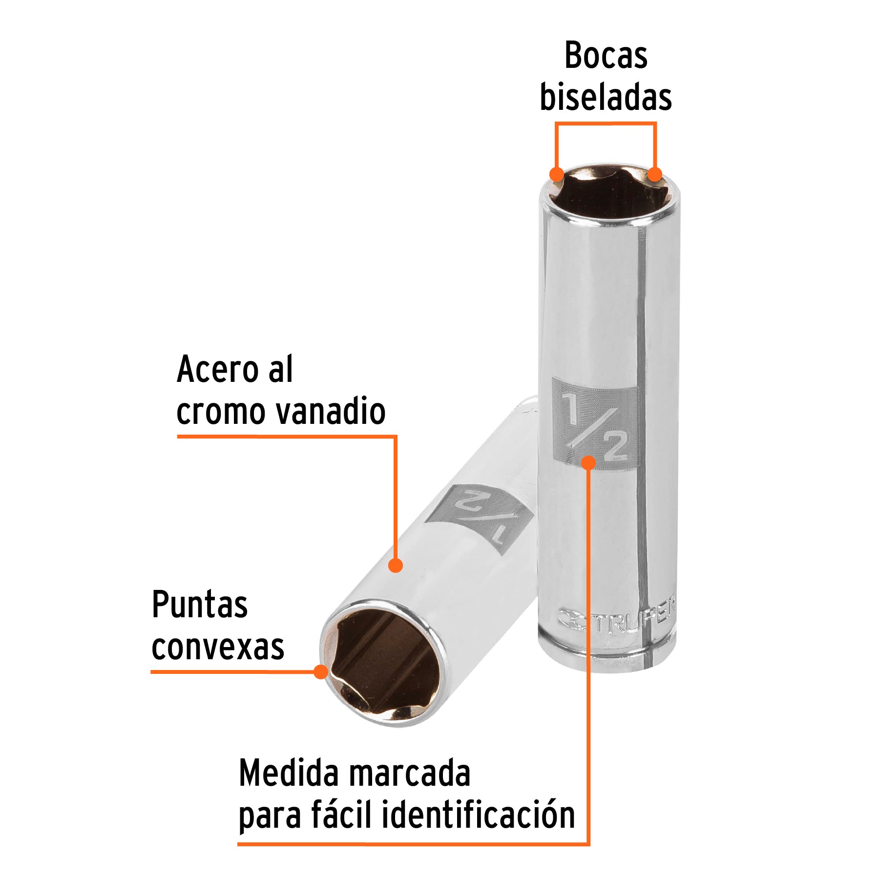 Dado largo de 1/2", 6 puntas, cuadro 3/8", Truper