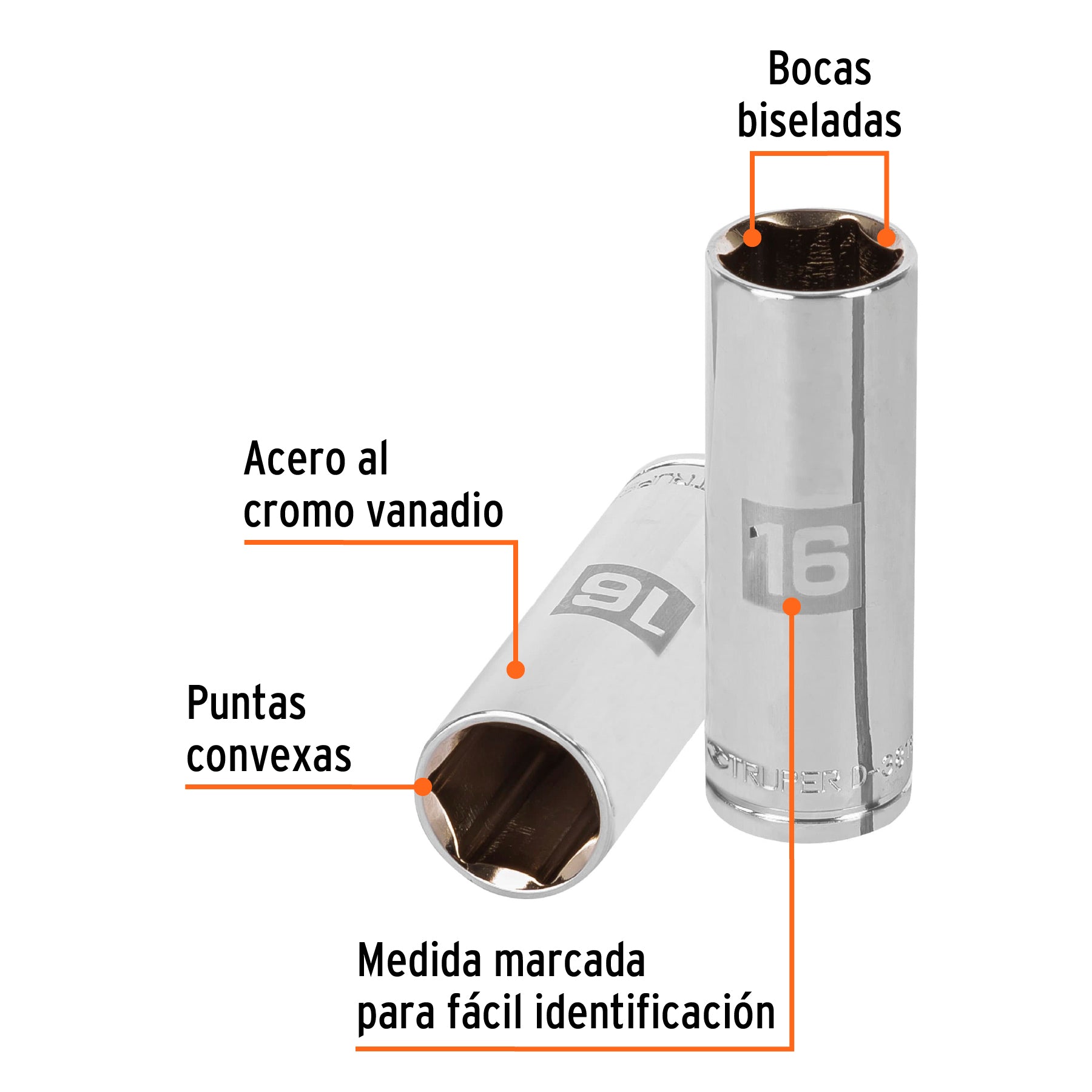 Dado largo de 16 mm, 6 puntas, cuadro 3/8", Truper