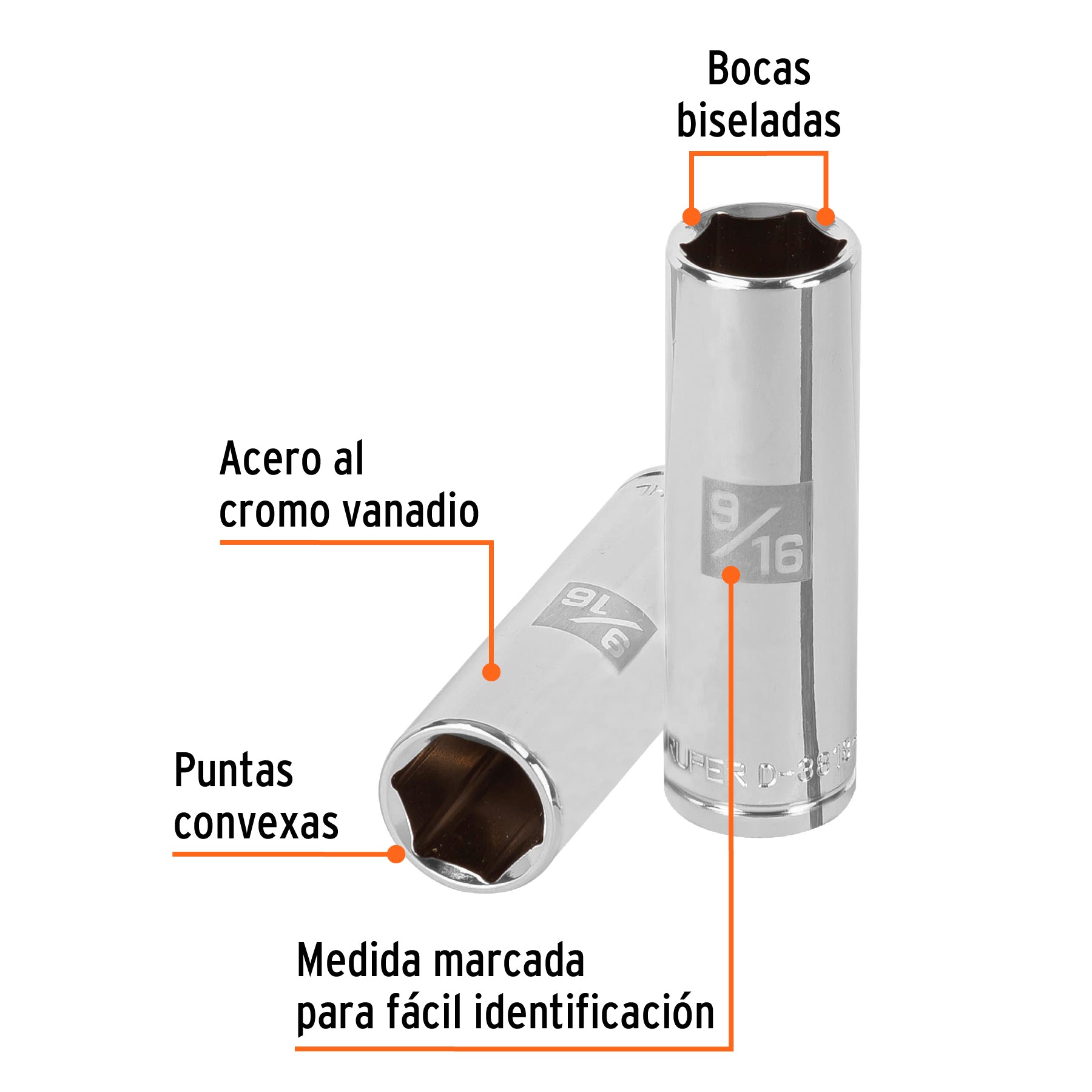 Dado largo de 9/16", 6 puntas, cuadro 3/8", Truper