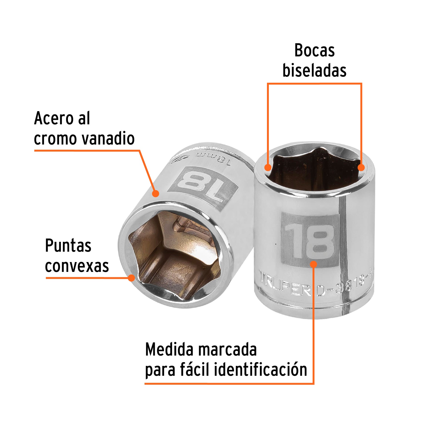 Dado de 18 mm, 6 puntas, cuadro 3/8", Truper