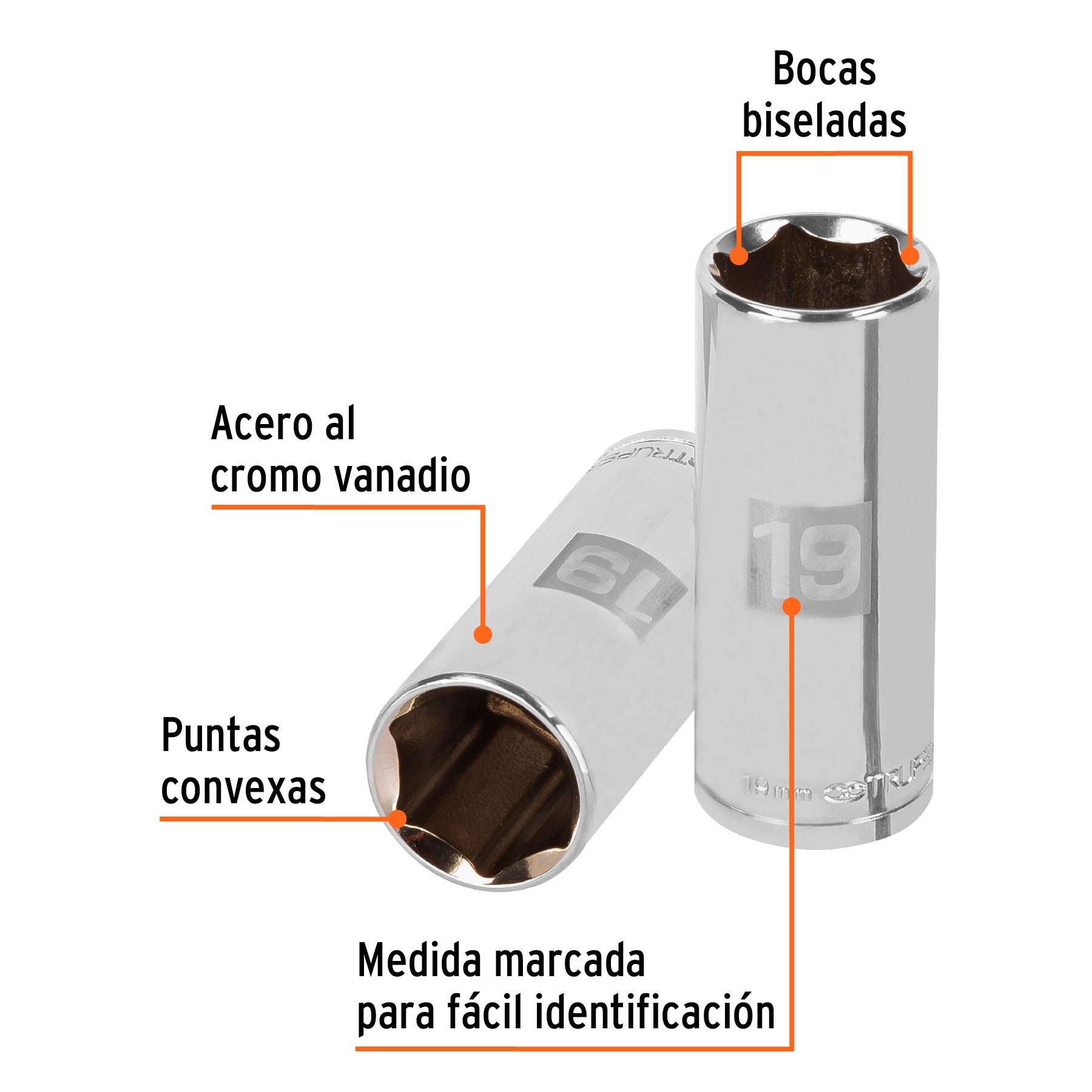 Dado largo de 19 mm, 6 puntas, cuadro 3/8", Truper