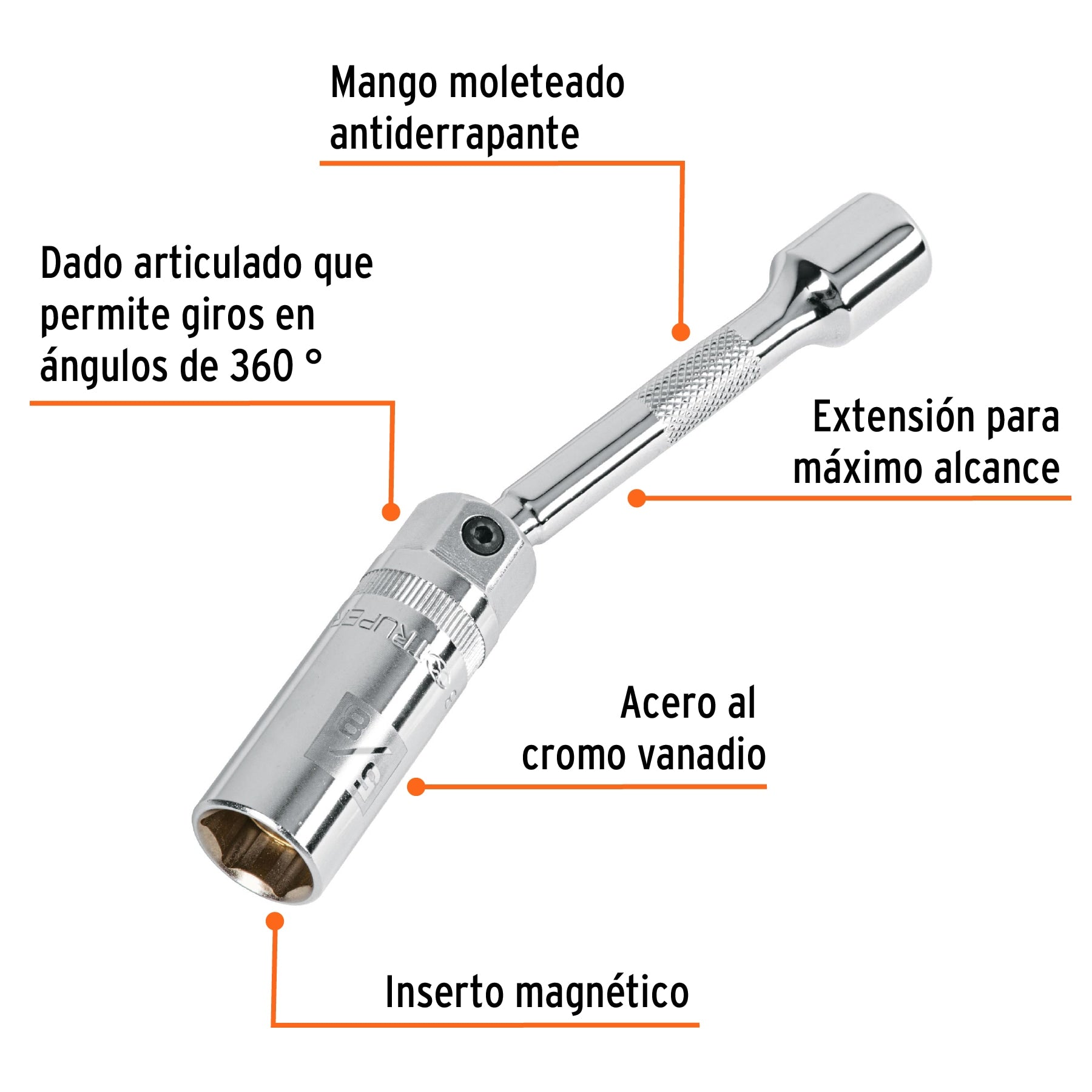 Dado para bujías cuadro 3/8" articulado 5/8", extensión 6"