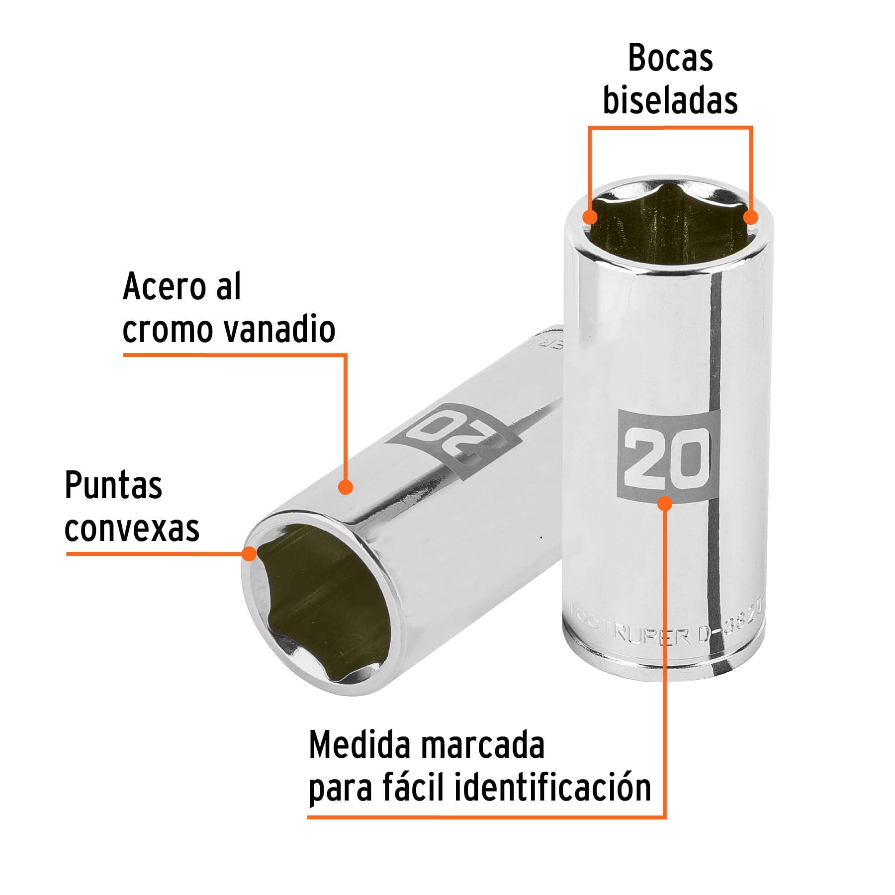 Dado largo de 20 mm, 6 puntas, cuadro 3/8", Truper