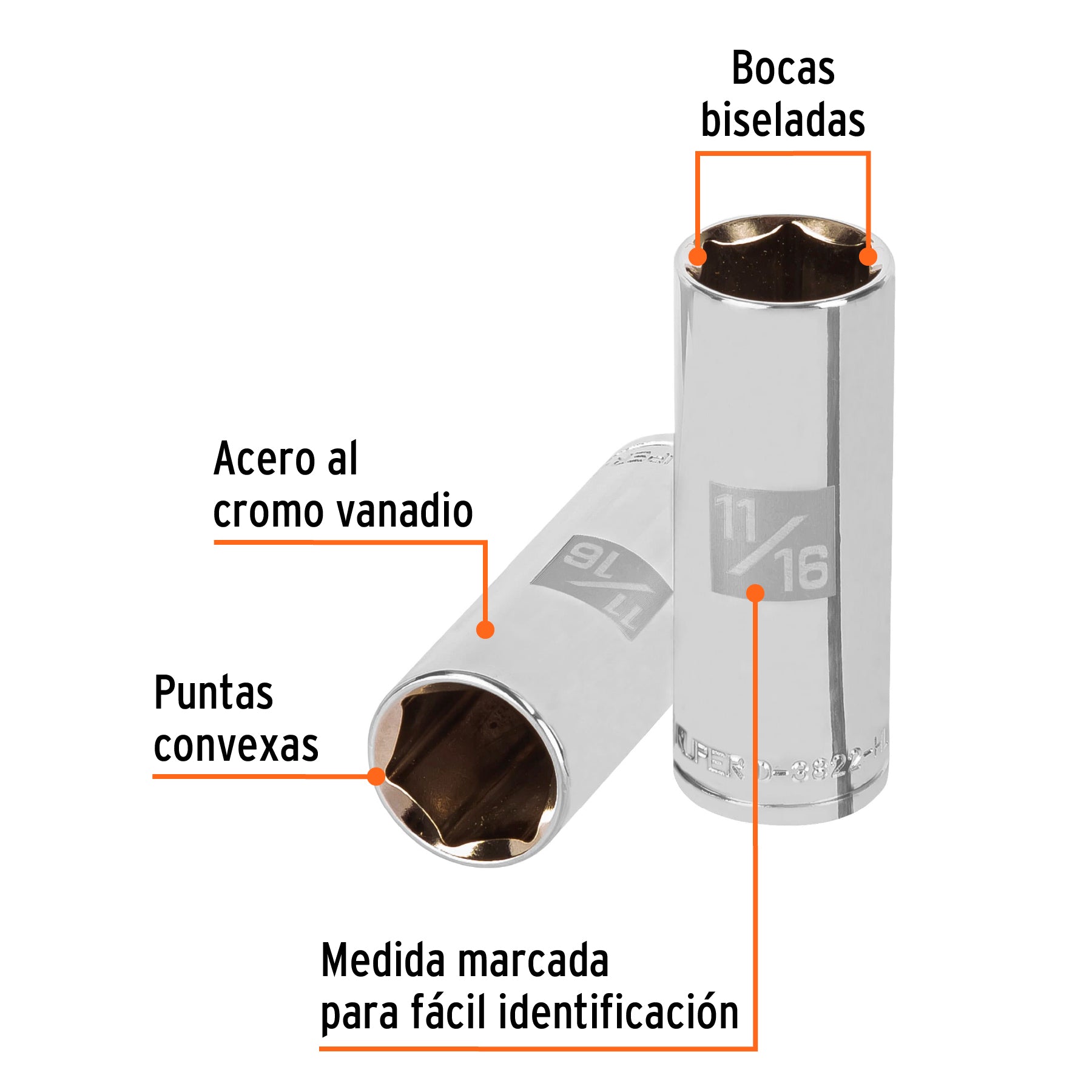 Dado largo de 11/16", 6 puntas, cuadro 3/8", Truper