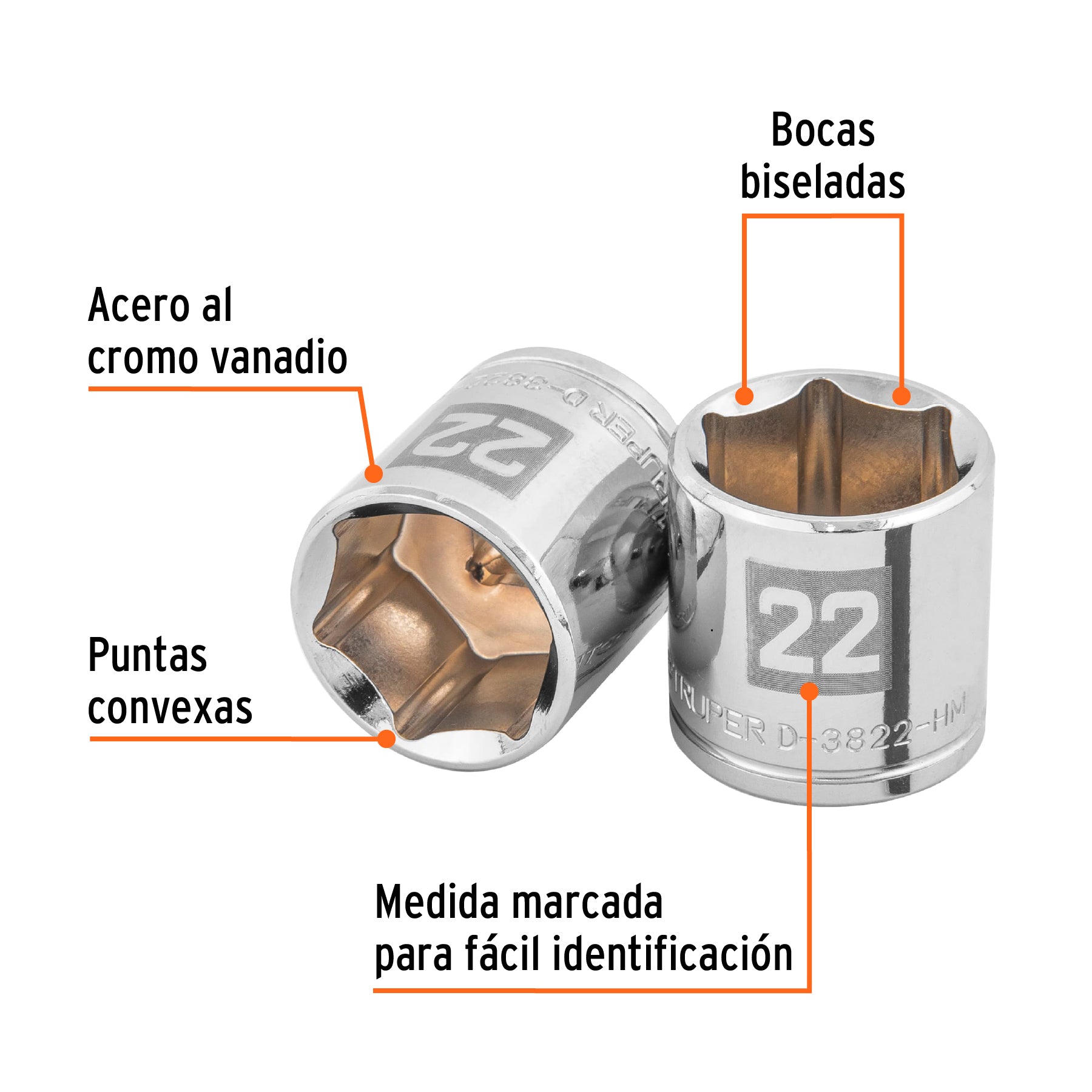 Dado de 22 mm, 6 puntas, cuadro 3/8", Truper