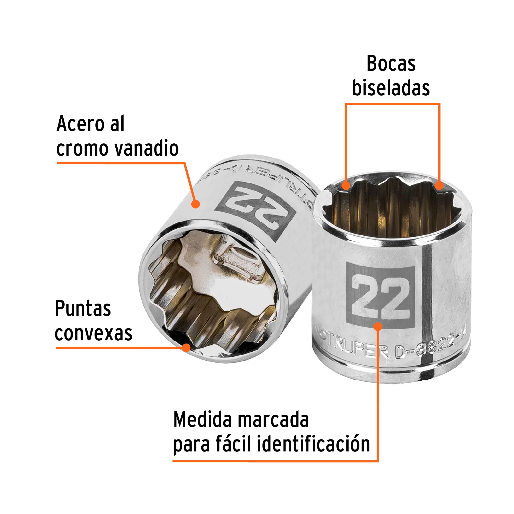 Dado de 22 mm, 12 puntas, cuadro 3/8", Truper