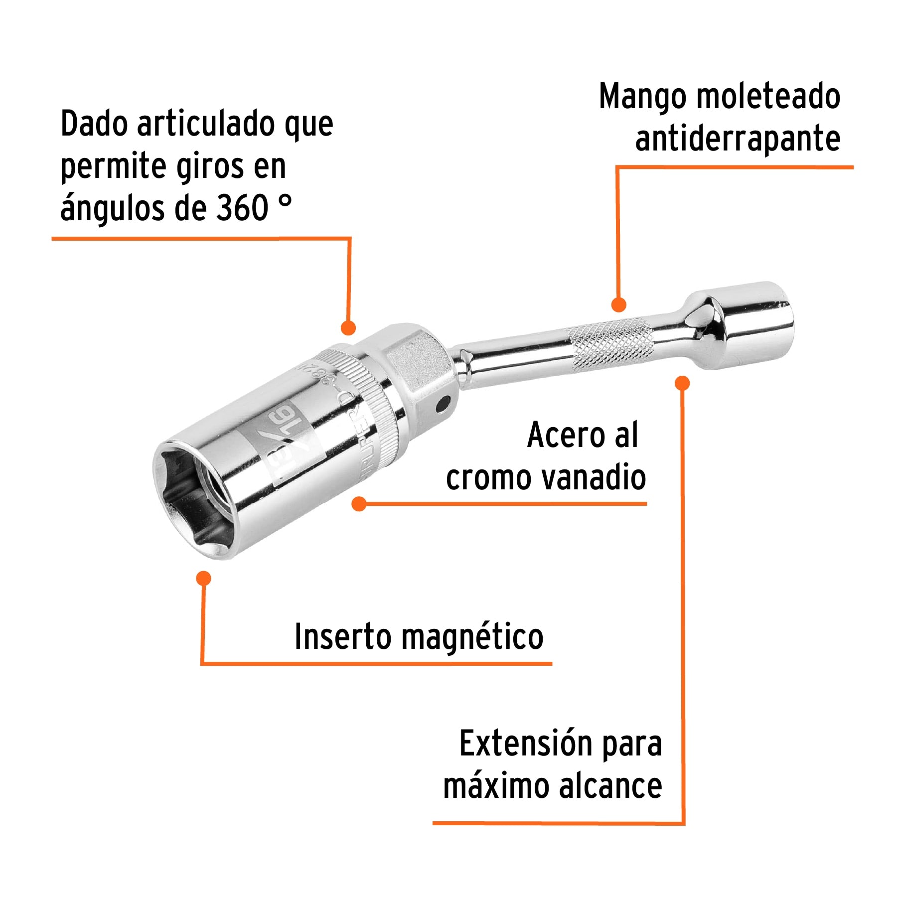 Dado para bujías cuadro 3/8" articulado 13/16", extensión 6"