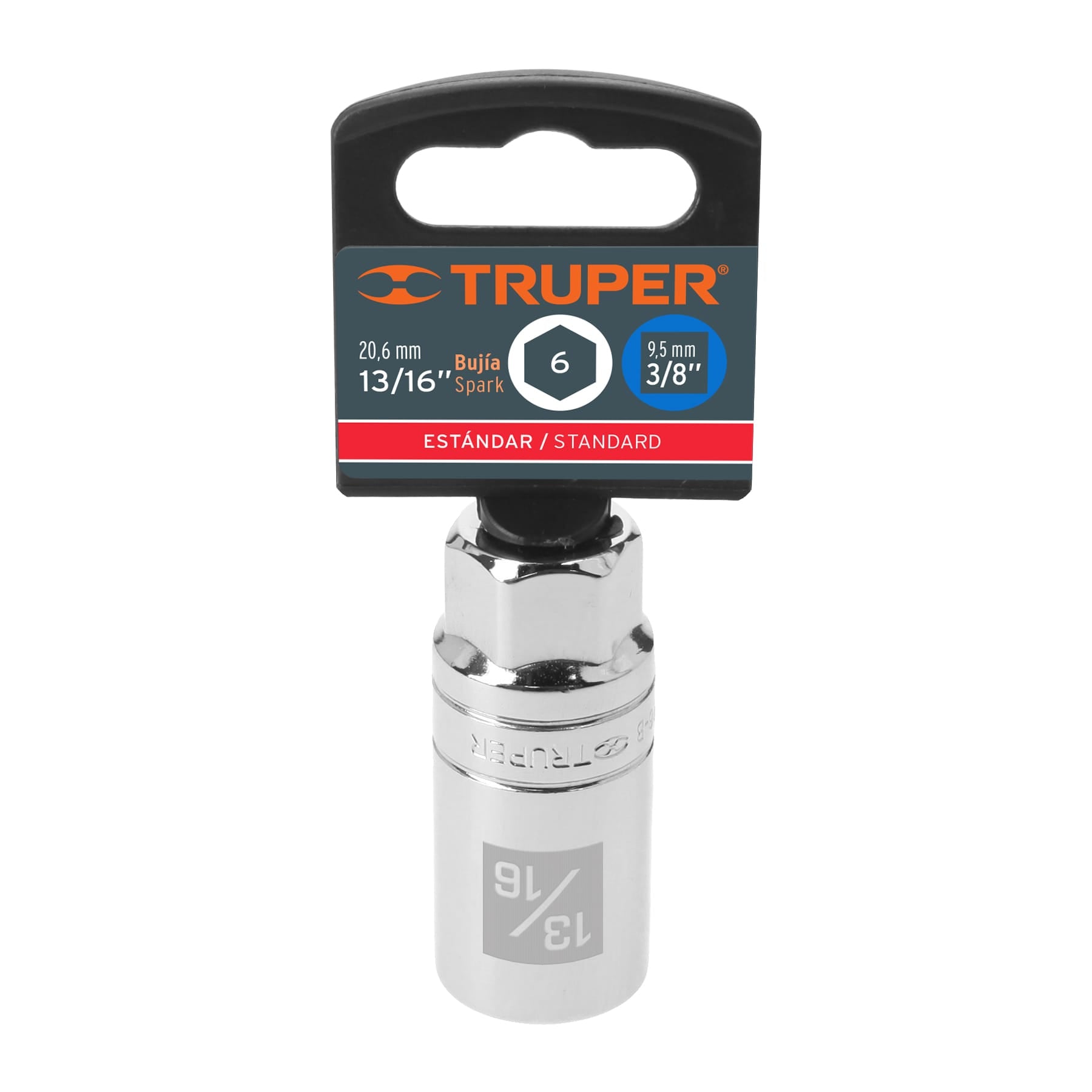 Dado para bujías de 13/16", 6 puntas, cuadro 3/8", Truper