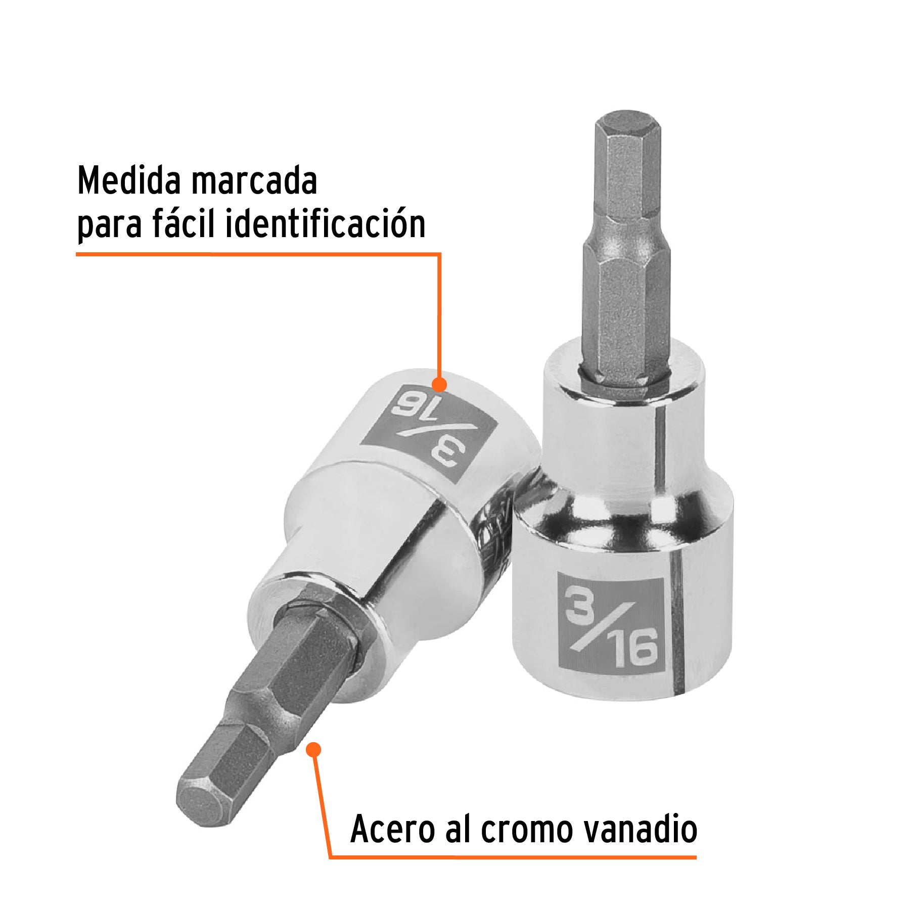 Dado punta hexagonal de 3/16", cuadro 3/8", Truper
