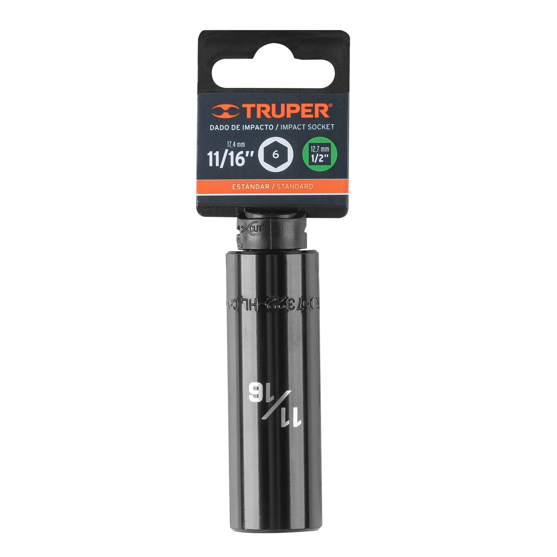 Dado largo impacto de 11/16", 6 puntas, cuadro 1/2", Truper