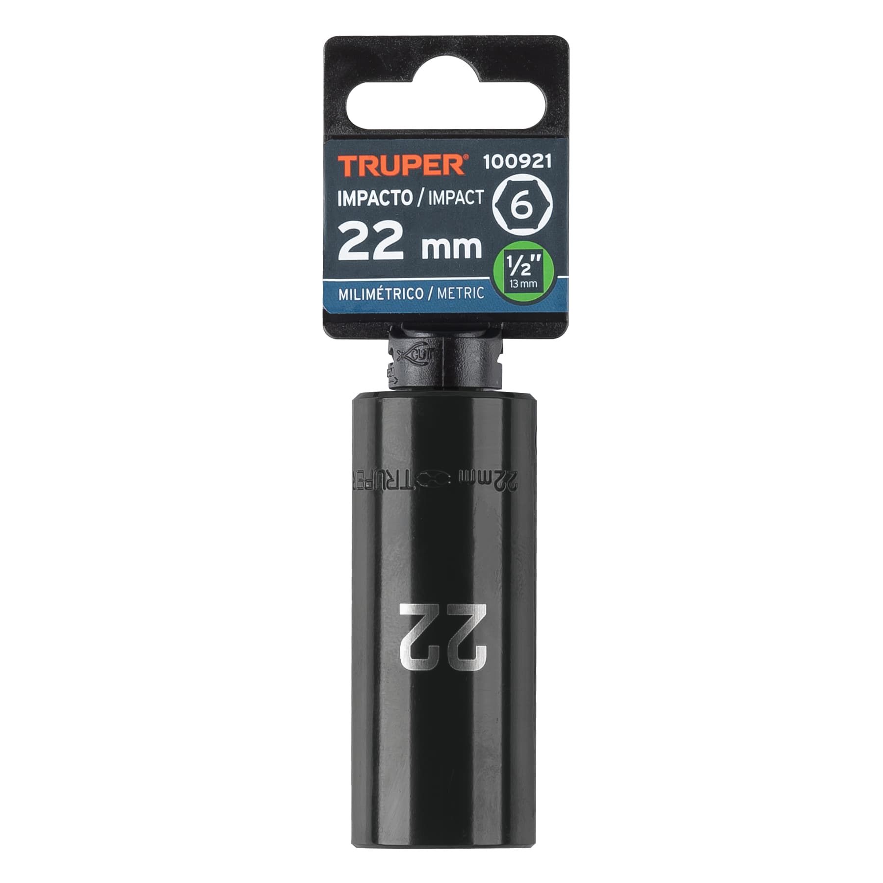 Dado largo impacto de 22 mm, 6 puntas, cuadro 1/2", Truper
